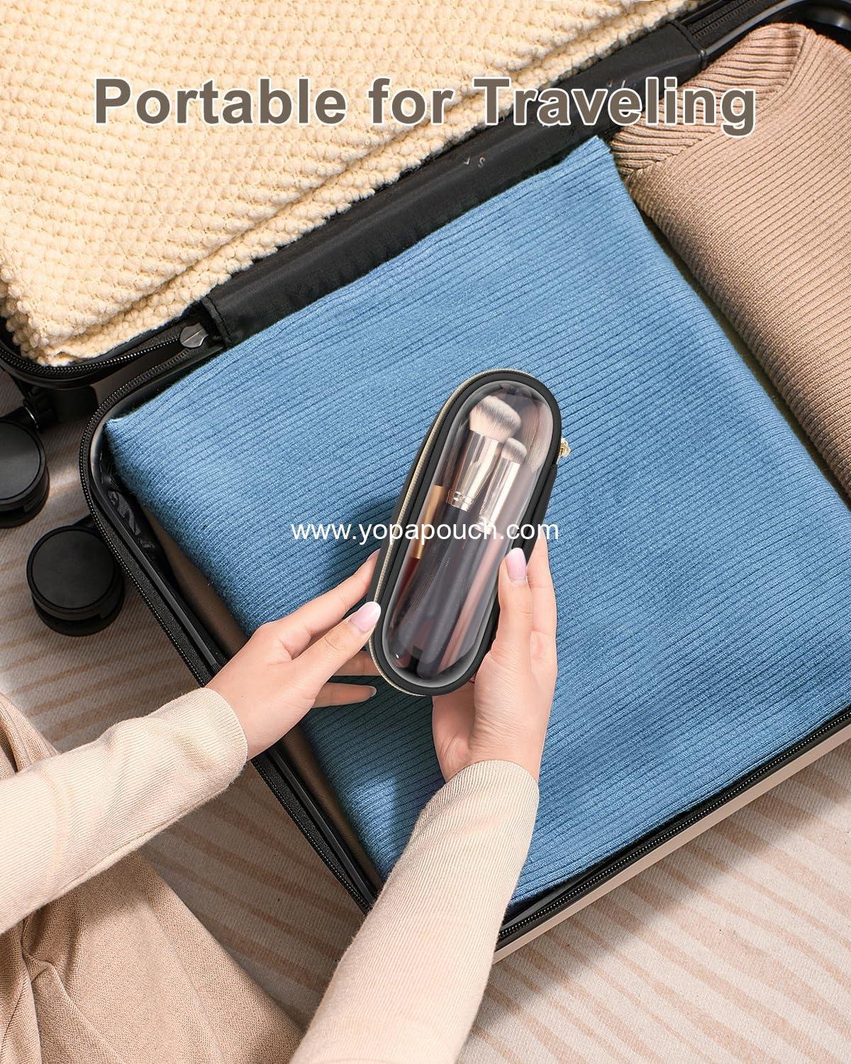 Wholesale Transparent Travel Makeup Brush Holder, Leather Cosmetic Brush Bag, Portable Toiletry Case, Waterproof Makeup Storage, Supplier