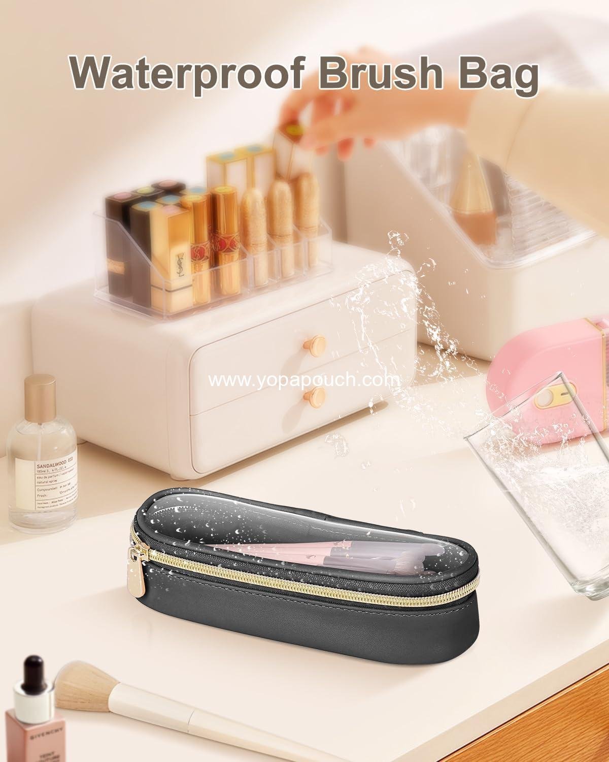 Wholesale Transparent Travel Makeup Brush Holder, Leather Cosmetic Brush Bag, Portable Toiletry Case, Waterproof Makeup Storage, Supplier