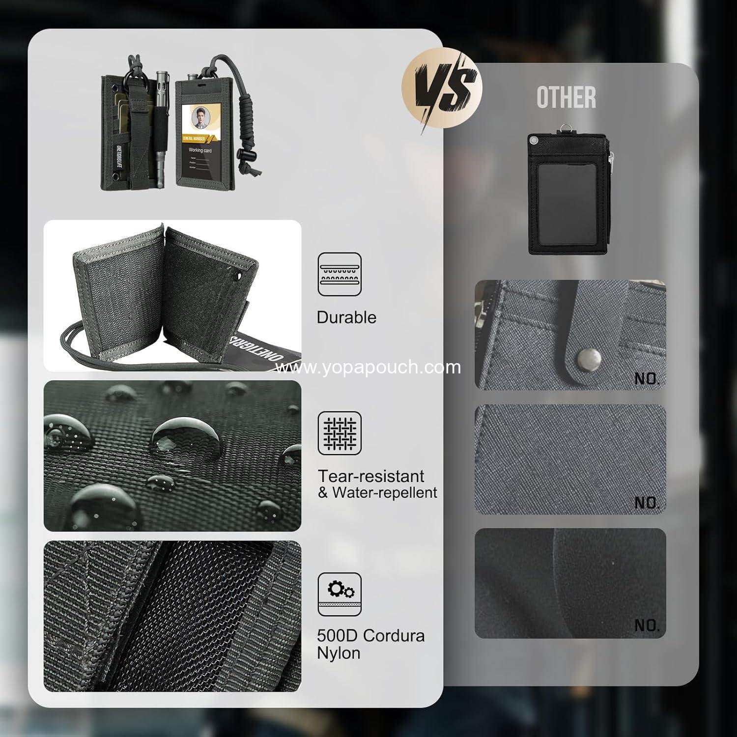 Wholesale Tactical ID Card Holder with Hook & Loop Patch, Neck Lanyard, Key Ring, and Credit Card Organizer (Shadow Gray - 500D Codura) - Supplier