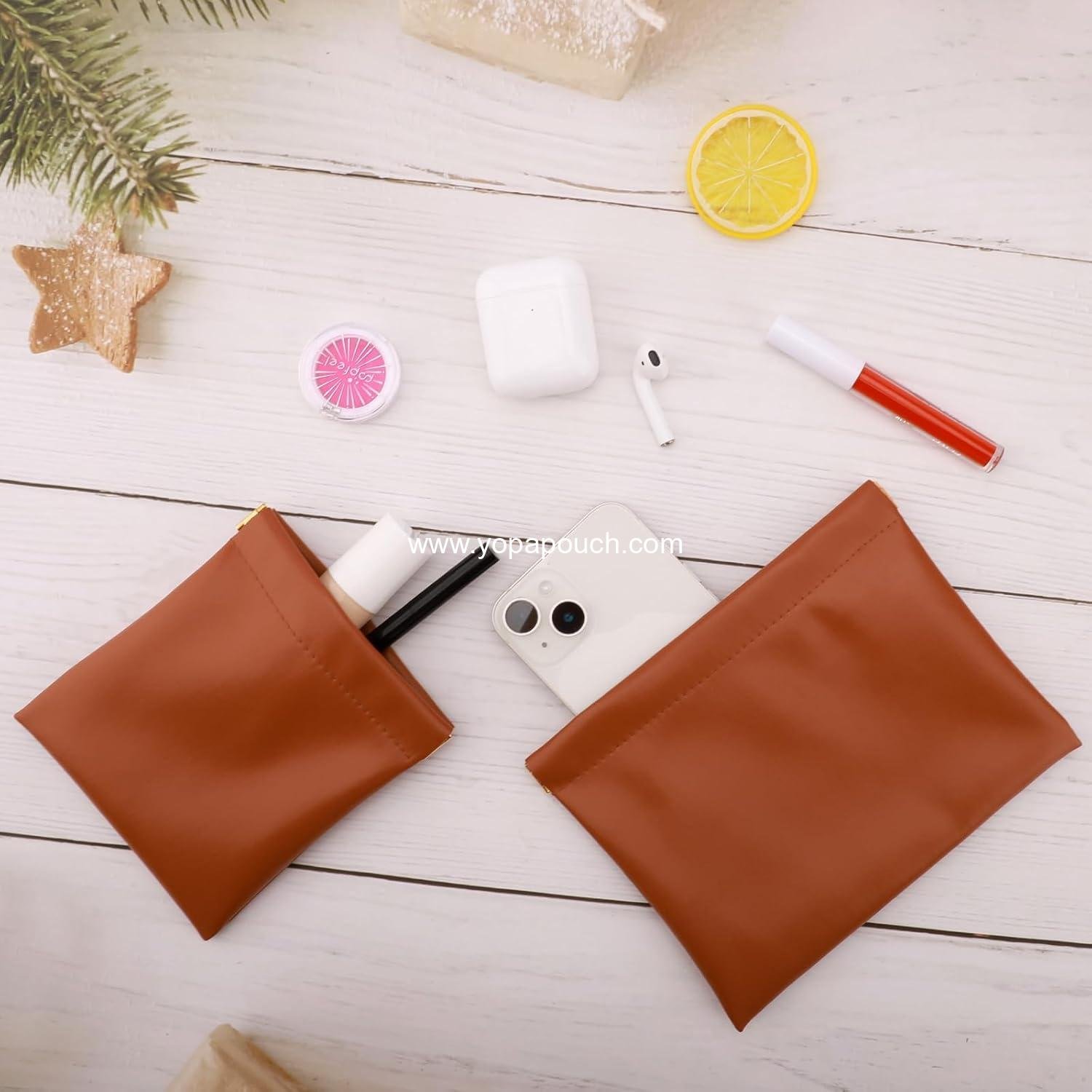 Wholesale 2 PCS Small Makeup Bag Set for Purse, Waterproof Zipperless Self-Sealing Cosmetic Organizer, Travel Makeup Pouch, Coin Purse, Lipstick Holder - Brown, Supplier