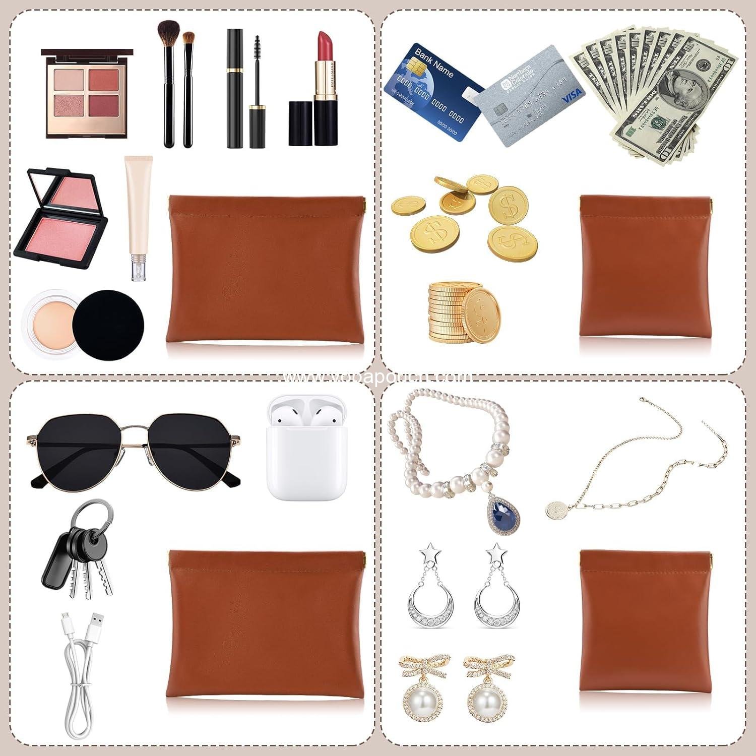 Wholesale 2 PCS Small Makeup Bag Set for Purse, Waterproof Zipperless Self-Sealing Cosmetic Organizer, Travel Makeup Pouch, Coin Purse, Lipstick Holder - Brown, Supplier