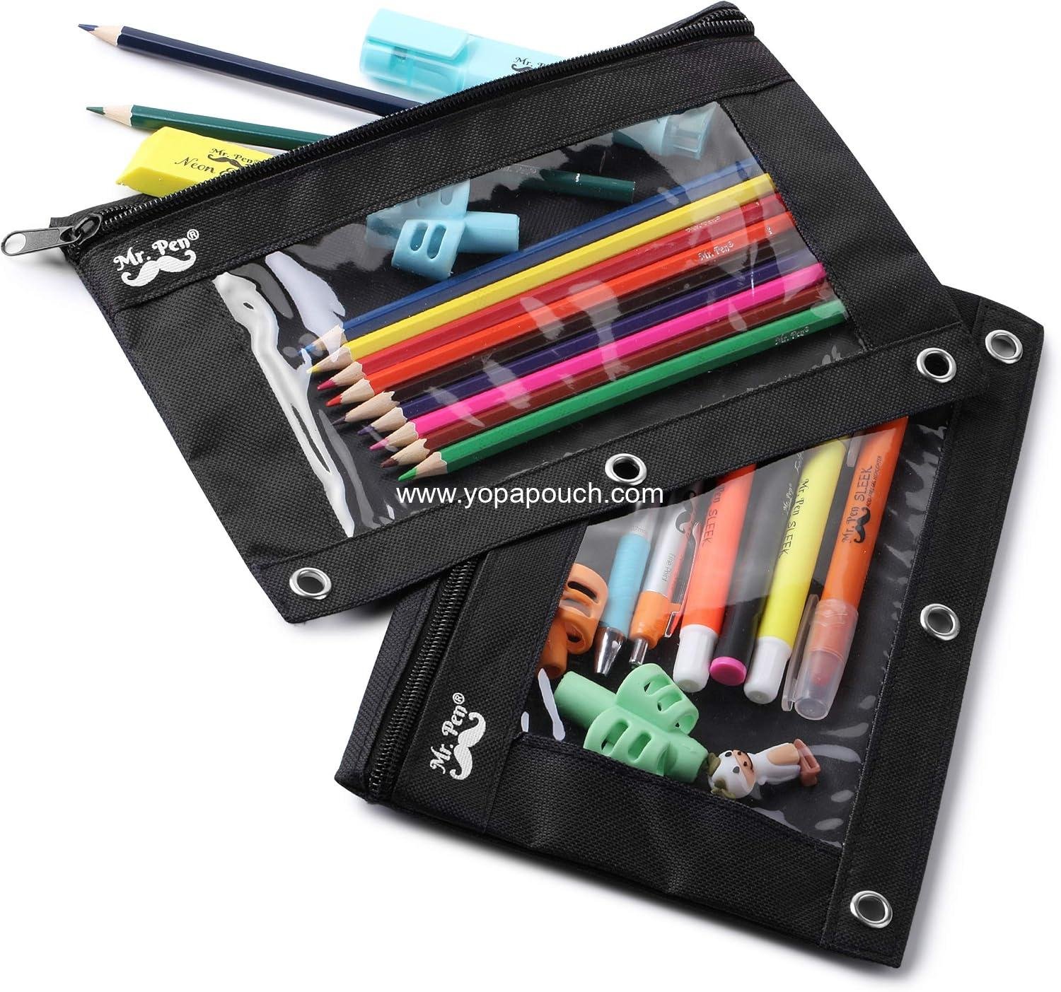 Wholesale Fabric Pencil Pouch with 3 Binder Holes, Black, Set of 2 - Supplier Wholesale Fabric Pencil Pouch with 3 Binder Holes, Black, Set of 2 - Supplier