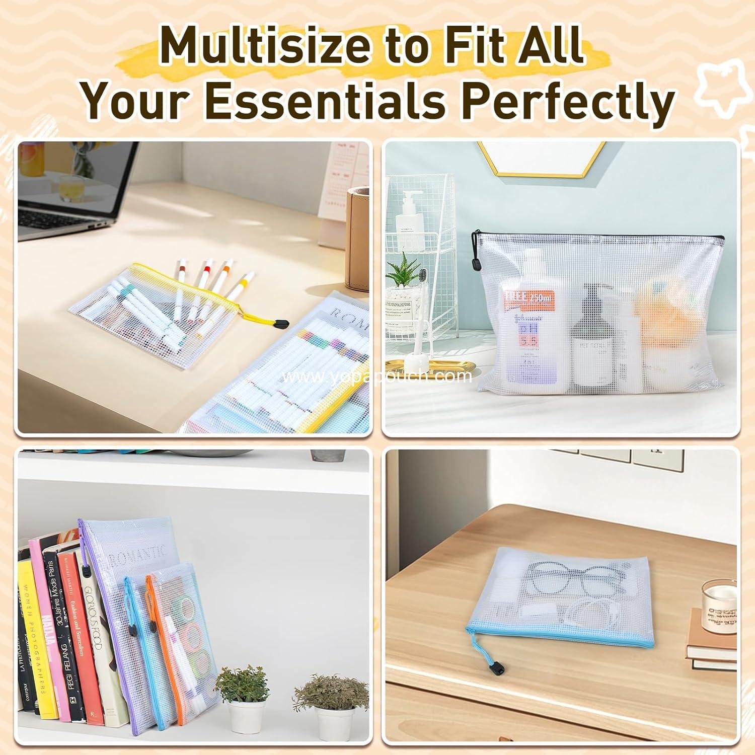Wholesale 26pcs Mesh Zipper Pouch Bags, 8 Sizes Clear Waterproof Storage Pouches for Organizing Office, School, Home, and Travel Supplies - Manufacturer