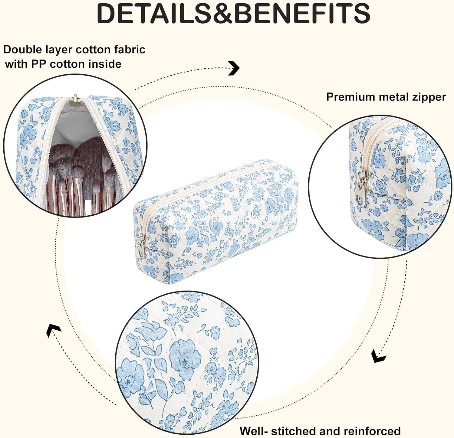 Wholesale Cute Floral Makeup Brush Bag Small Cotton Quilted Cosmetic Bag for Women Travel Toiletry Zipper Pouch (Blue Floral) Supplier