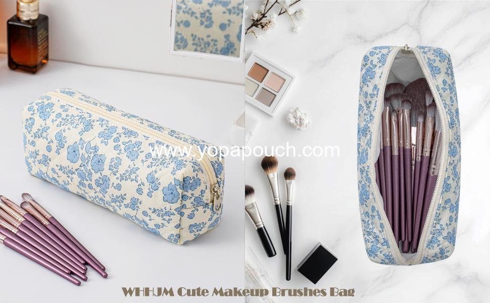 Wholesale Cute Floral Makeup Brush Bag Small Cotton Quilted Cosmetic Bag for Women Travel Toiletry Zipper Pouch (Blue Floral) Supplier