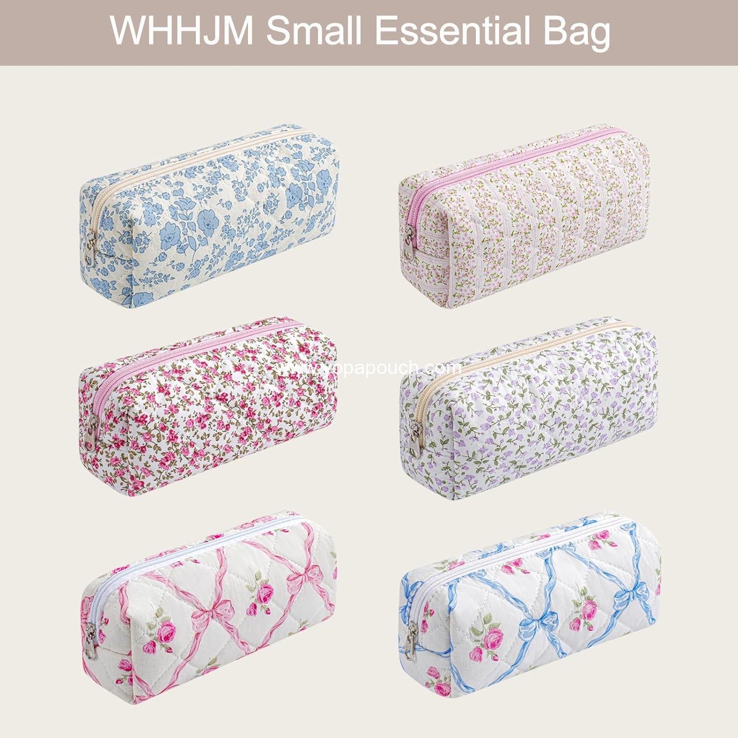 Wholesale Cute Floral Makeup Brush Bag Small Cotton Quilted Cosmetic Bag for Women Travel Toiletry Zipper Pouch (Blue Floral) Supplier