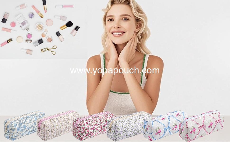 Wholesale Cute Floral Makeup Brush Bag Small Cotton Quilted Cosmetic Bag for Women Travel Toiletry Zipper Pouch (Blue Floral) Supplier