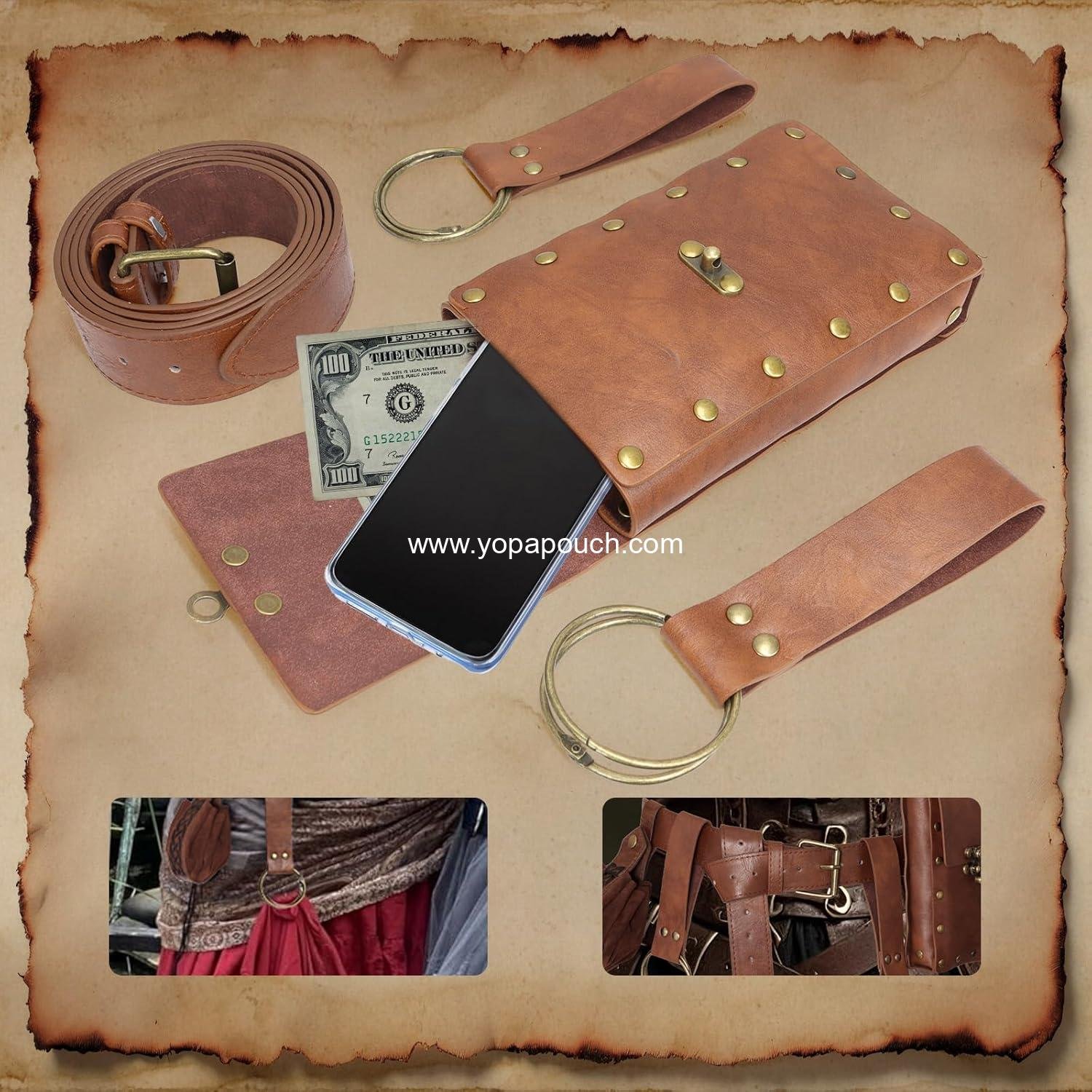 Wholesale Leather Belt Pouch Set with Potion Bottles for Medieval Viking Pirate Skirts, Hikes, Halloween Cosplay Costume Accessories (Brown, Belt Pouch) Supplier