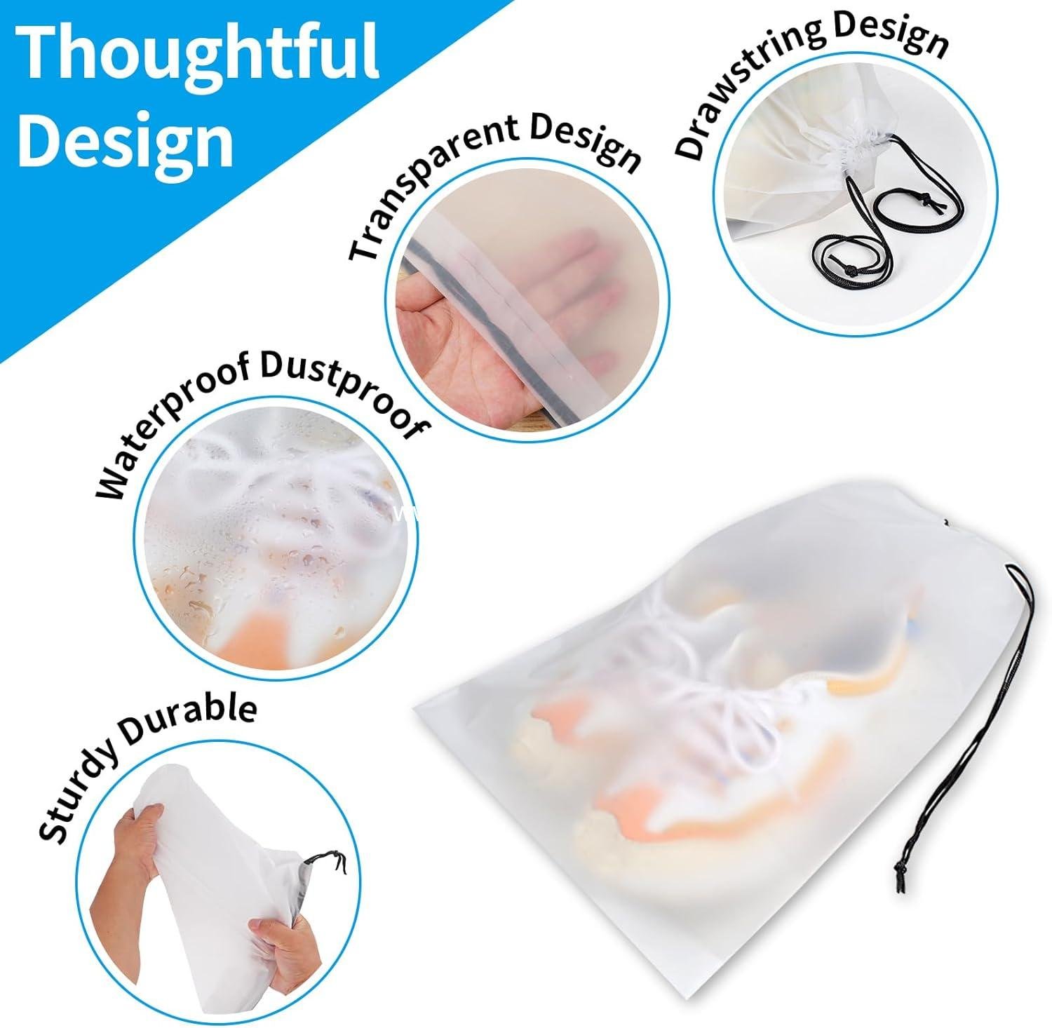 OEM Waterproof Travel Drawstring Shoe Bags for Packing and Storage, 15.7 x 11.8 inches, Clear, 5 Pieces, Wholesale Supplier