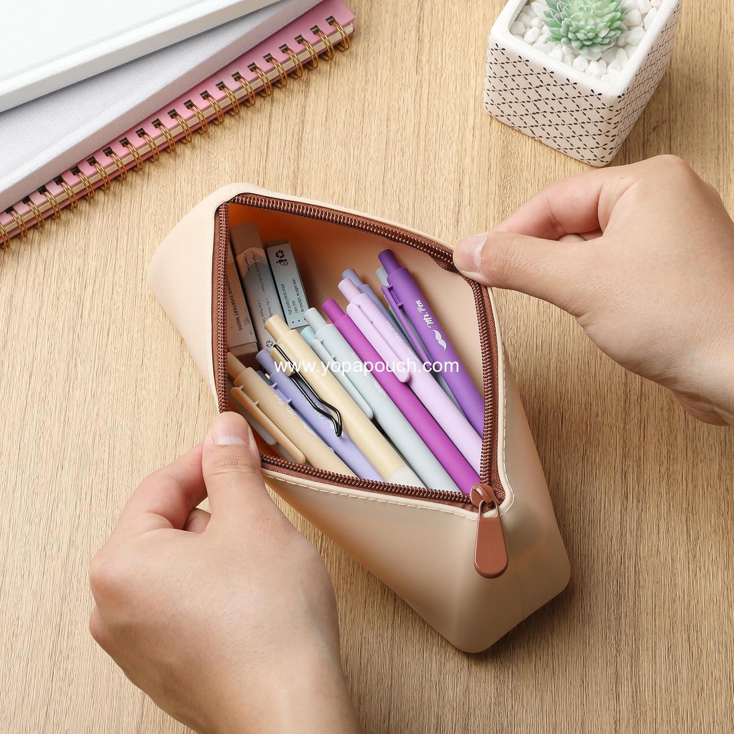 Wholesale Silicone Pencil Case Pouch, Warm Beige, Aesthetic Triangular Design, Multipurpose Small Makeup Bag, Supplier