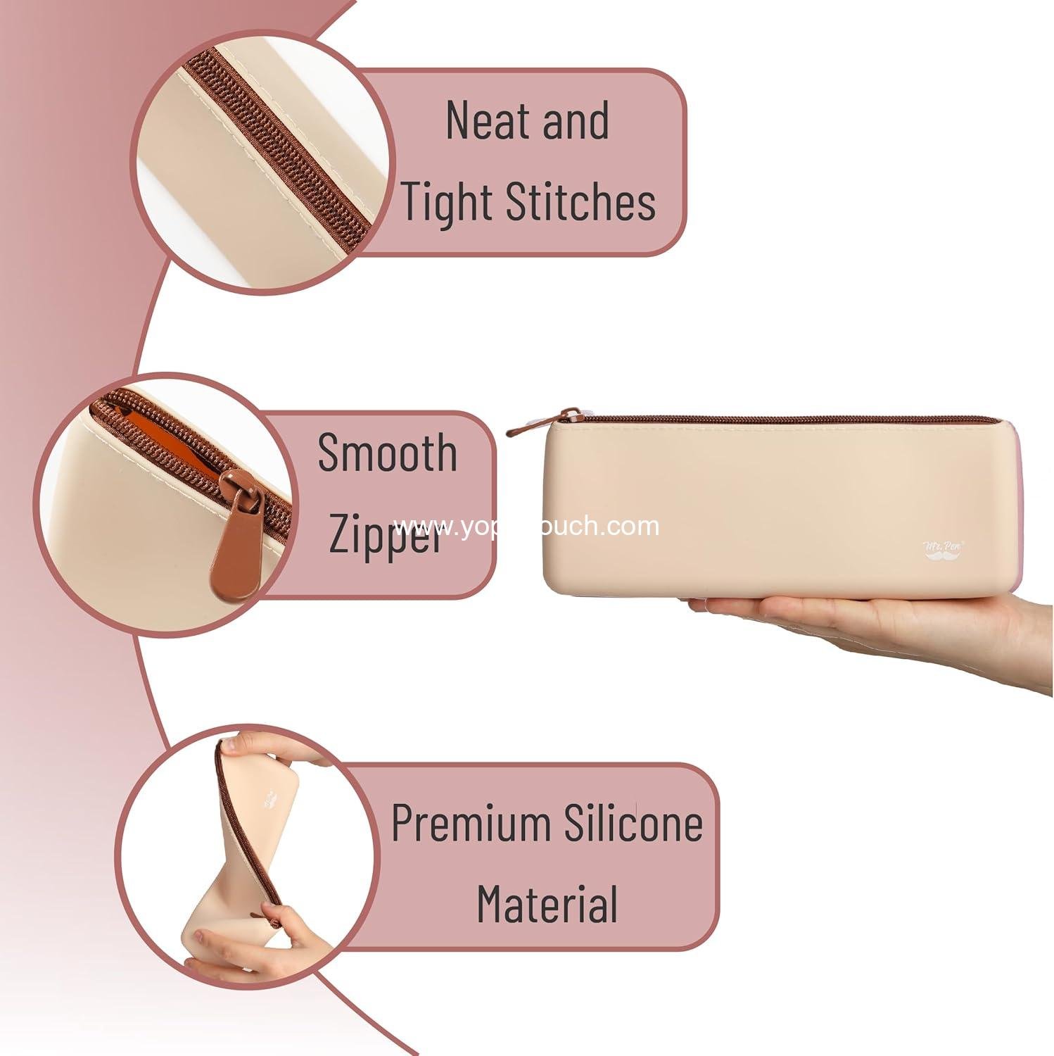 Wholesale Silicone Pencil Case Pouch, Warm Beige, Aesthetic Triangular Design, Multipurpose Small Makeup Bag, Supplier