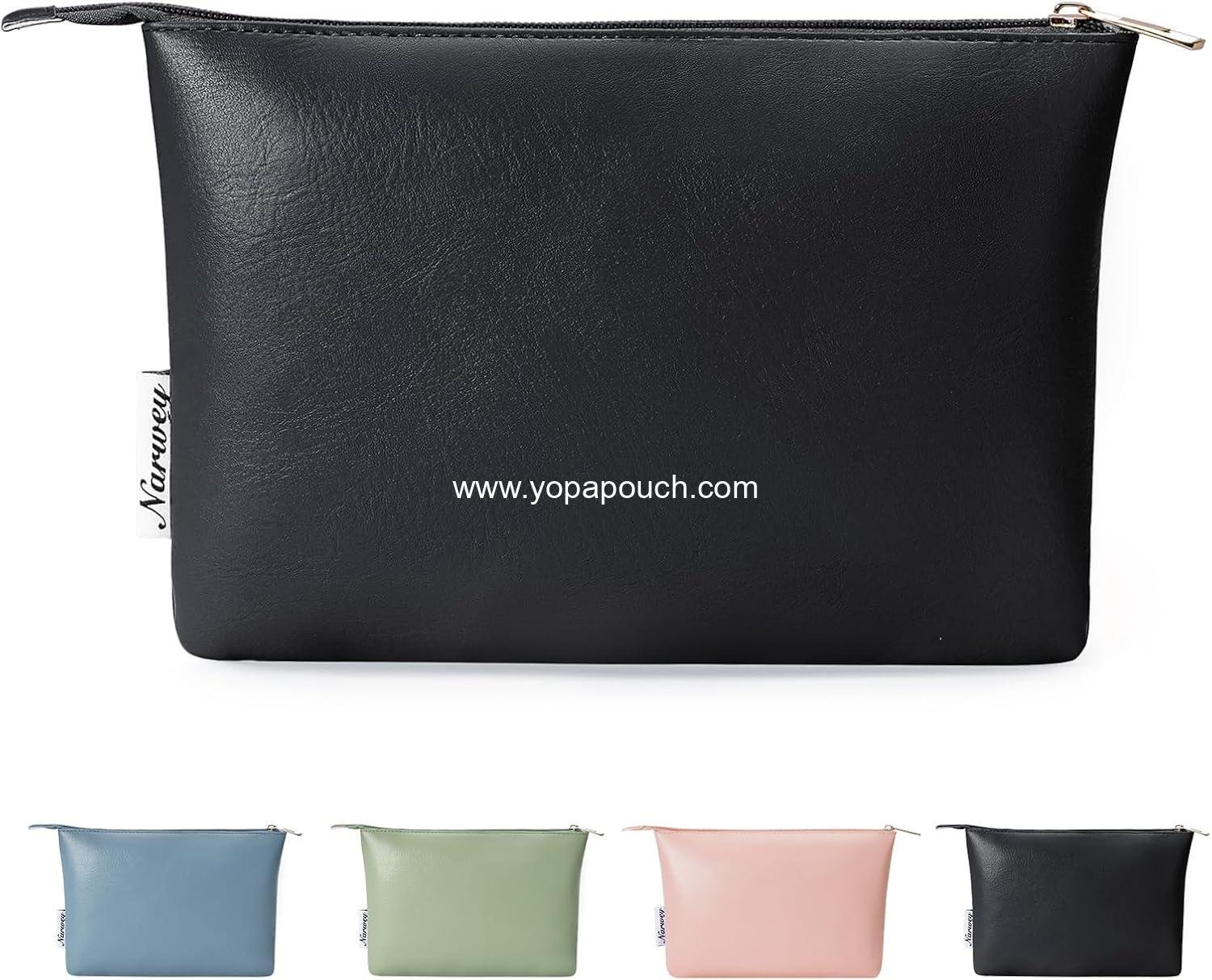 Narwey Small Makeup bag for Purse, Small Makeup Pouch for Purse Cosmetic Bag with Zipper, Cute PU Leather Make up Pouch for Women Girls (Black)