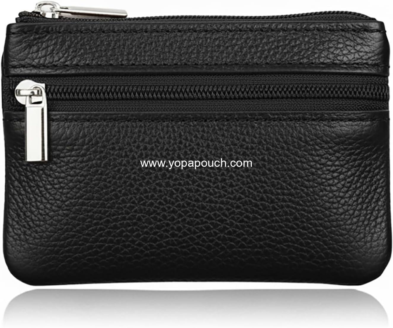 Black Small Leather Coin Purse Change Pouch for Women Men Kids with Zip Key Ring