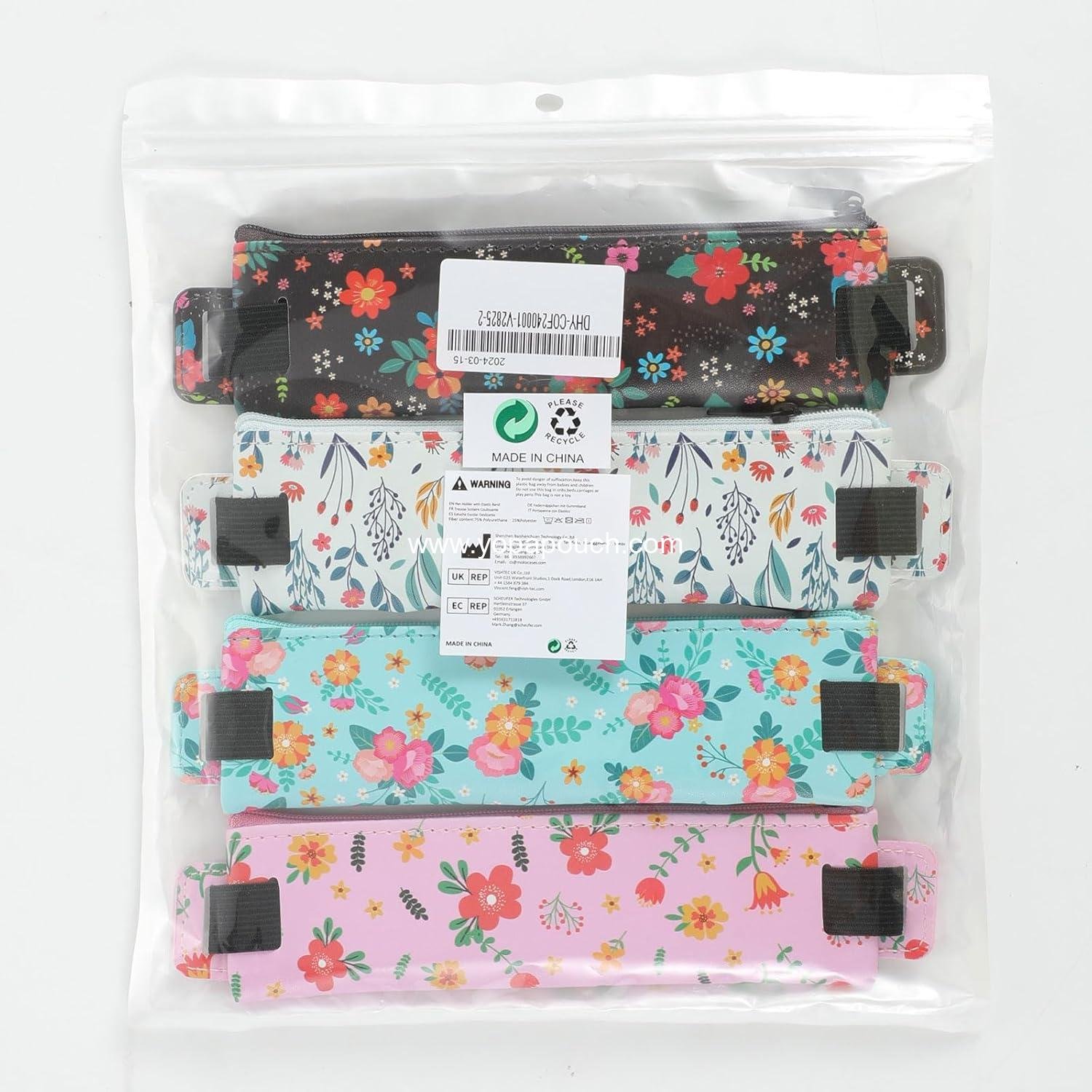 Wholesale Elastic Pen Holder for Notebook, 4 Pieces PU Leather Pencil Case with Adjustable Band, Zipper Bag for Planners and Journals, Supplier