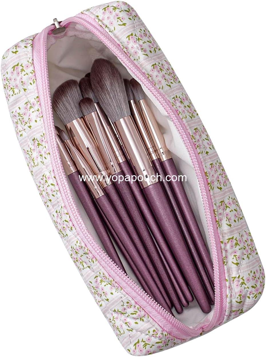 Wholesale Cute Floral Makeup Brush Bag, Travel Quilted Zipper Cosmetic Pouch, Floral Toiletry Organizer Case, Kawaii Makeup Travel Cloth Pouch (Pink Floral) Supplier