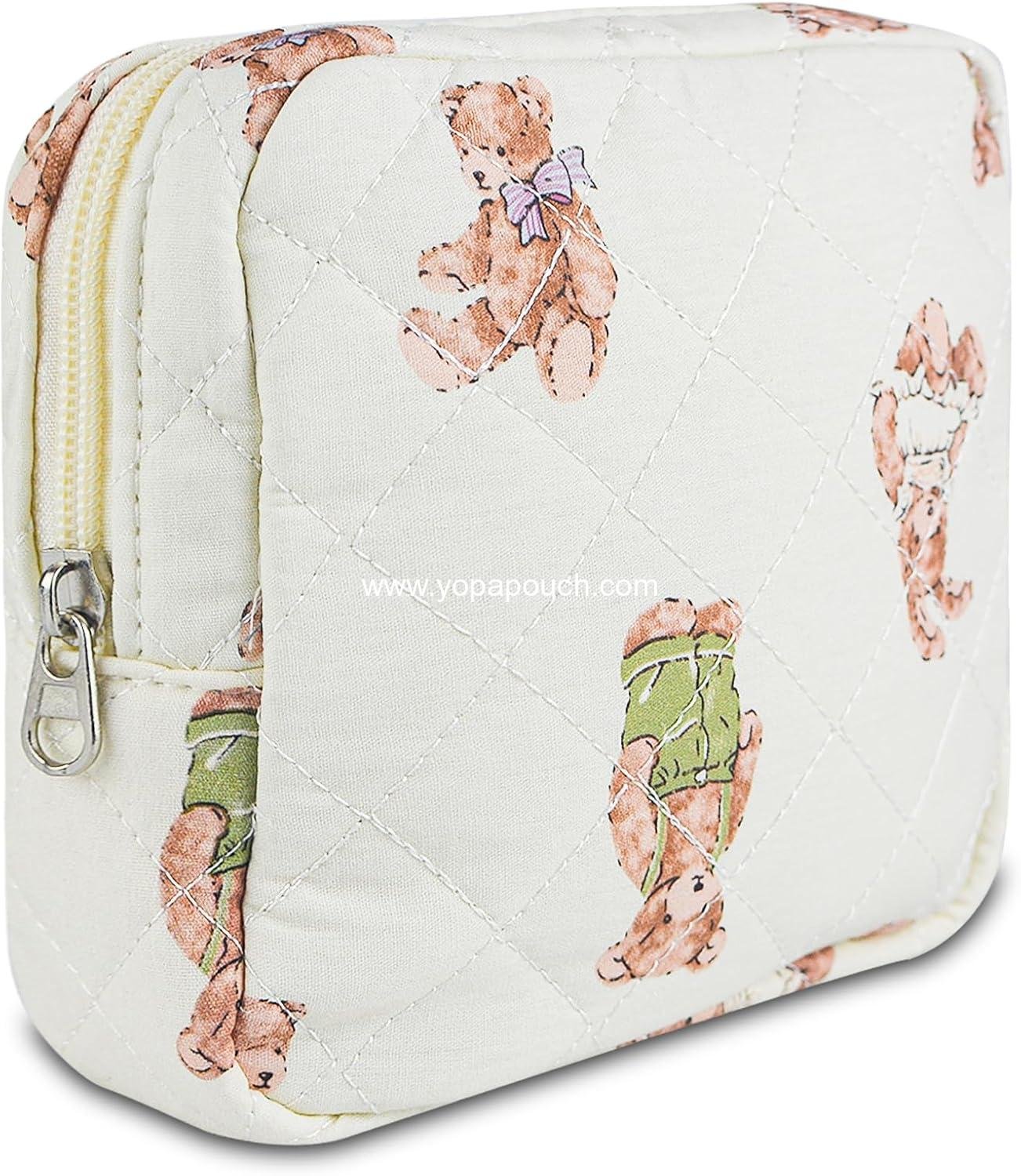 Small Floral Quilted Makeup Bag, Coquette Aesthetic Travel Toiletry Organizer for Women, Lightweight Cotton Cosmetic Pouch