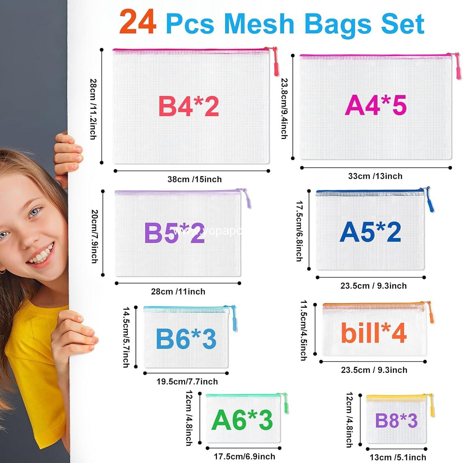 Wholesale 24 Pcs Mesh Zipper Pouch Bags, Waterproof Clear Plastic Pouches in 8 Sizes for Organizing, Travel, and Office Supplies - Supplier