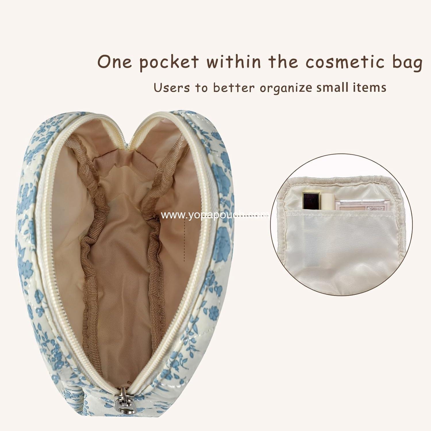 Wholesale Small Quilted Cosmetic Pouch, Mini Cotton Makeup Bag with Compartments and Cute Zipper Lipstick Holder for Women (03 White Bow) - Supplier