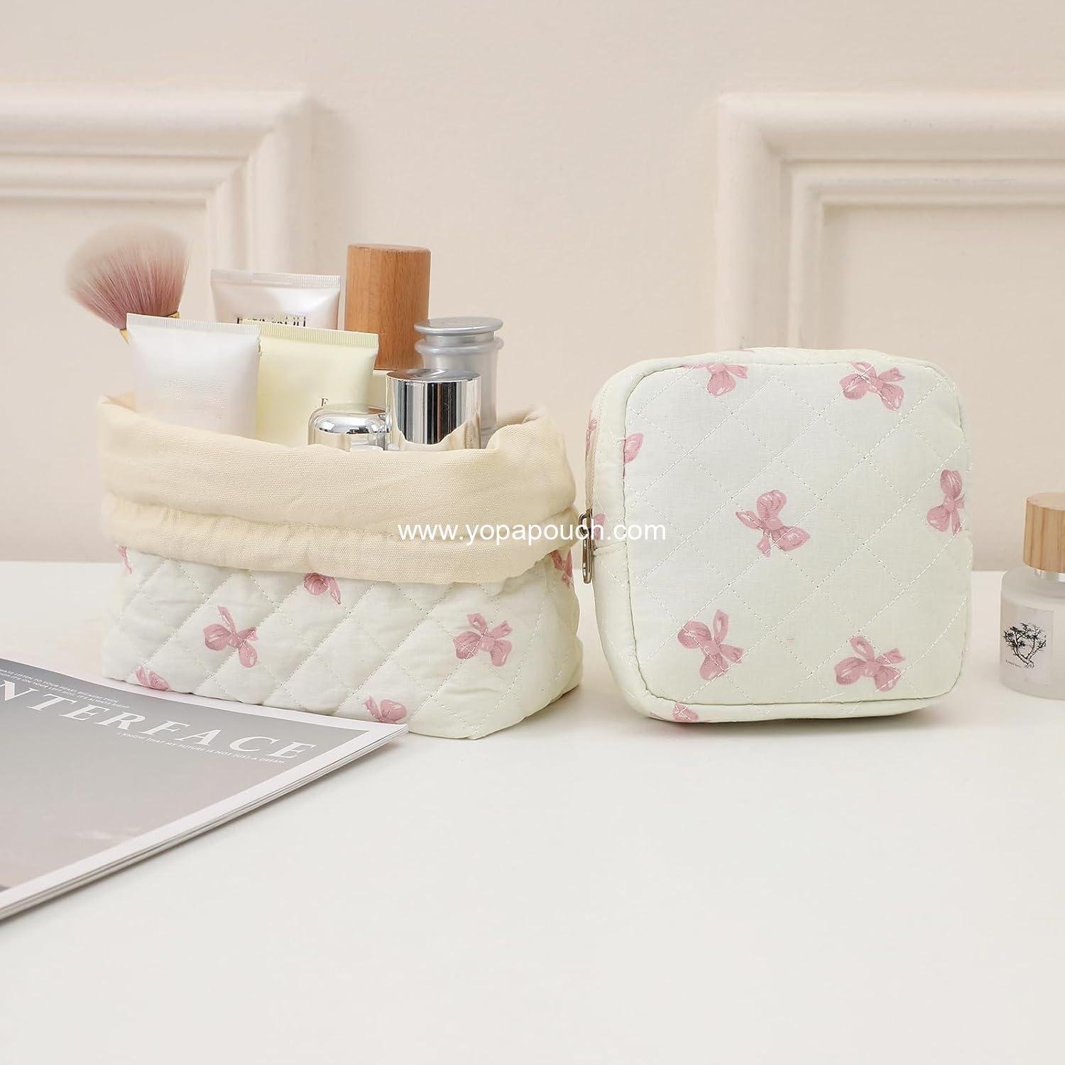 Wholesale Small Quilted Cosmetic Pouch, Mini Cotton Makeup Bag with Compartments and Cute Zipper Lipstick Holder for Women (03 White Bow) - Supplier
