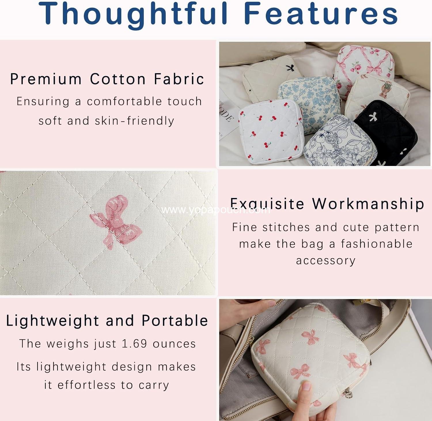 Wholesale Small Quilted Cosmetic Pouch, Mini Cotton Makeup Bag with Compartments and Cute Zipper Lipstick Holder for Women (03 White Bow) - Supplier