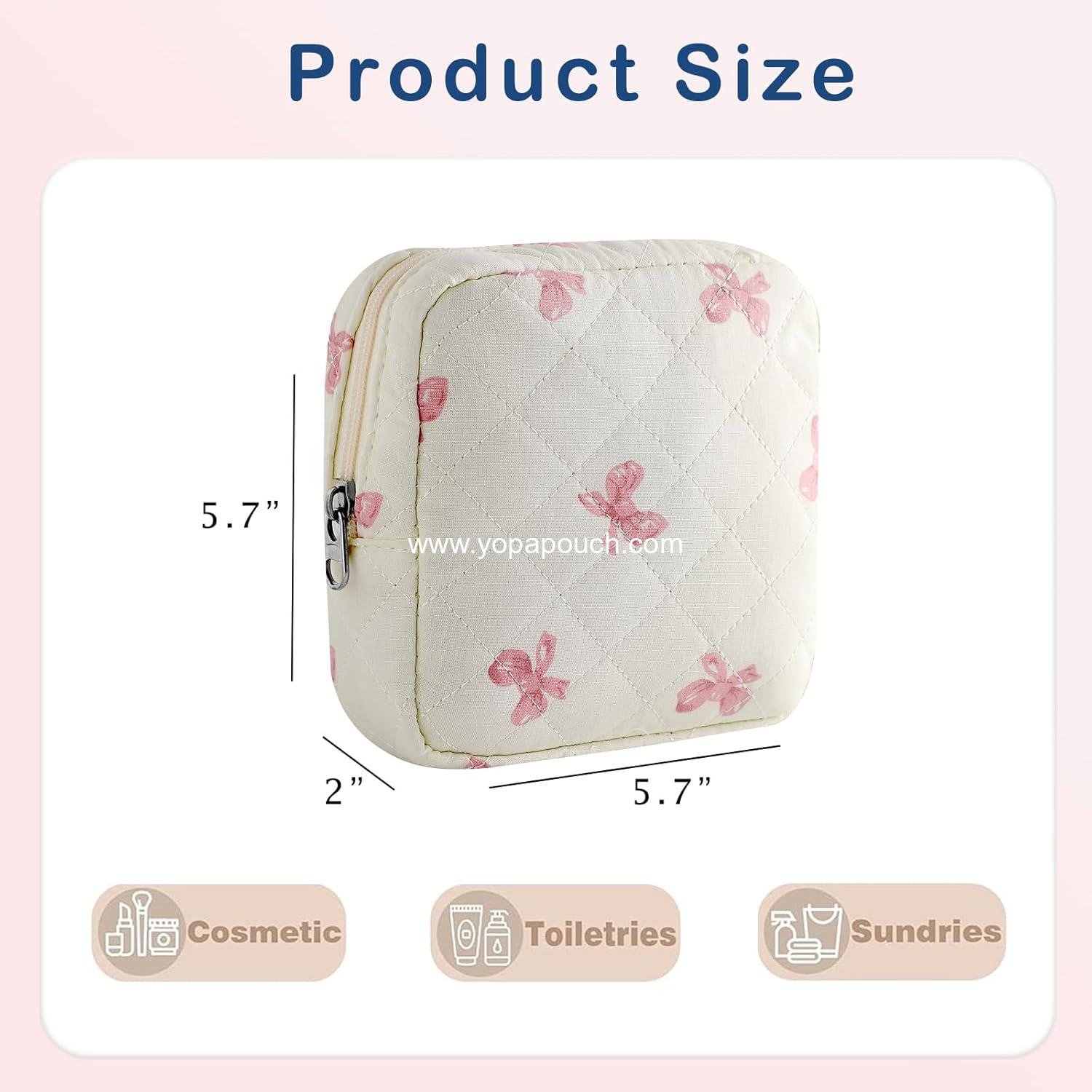 Wholesale Small Quilted Cosmetic Pouch, Mini Cotton Makeup Bag with Compartments and Cute Zipper Lipstick Holder for Women (03 White Bow) - Supplier