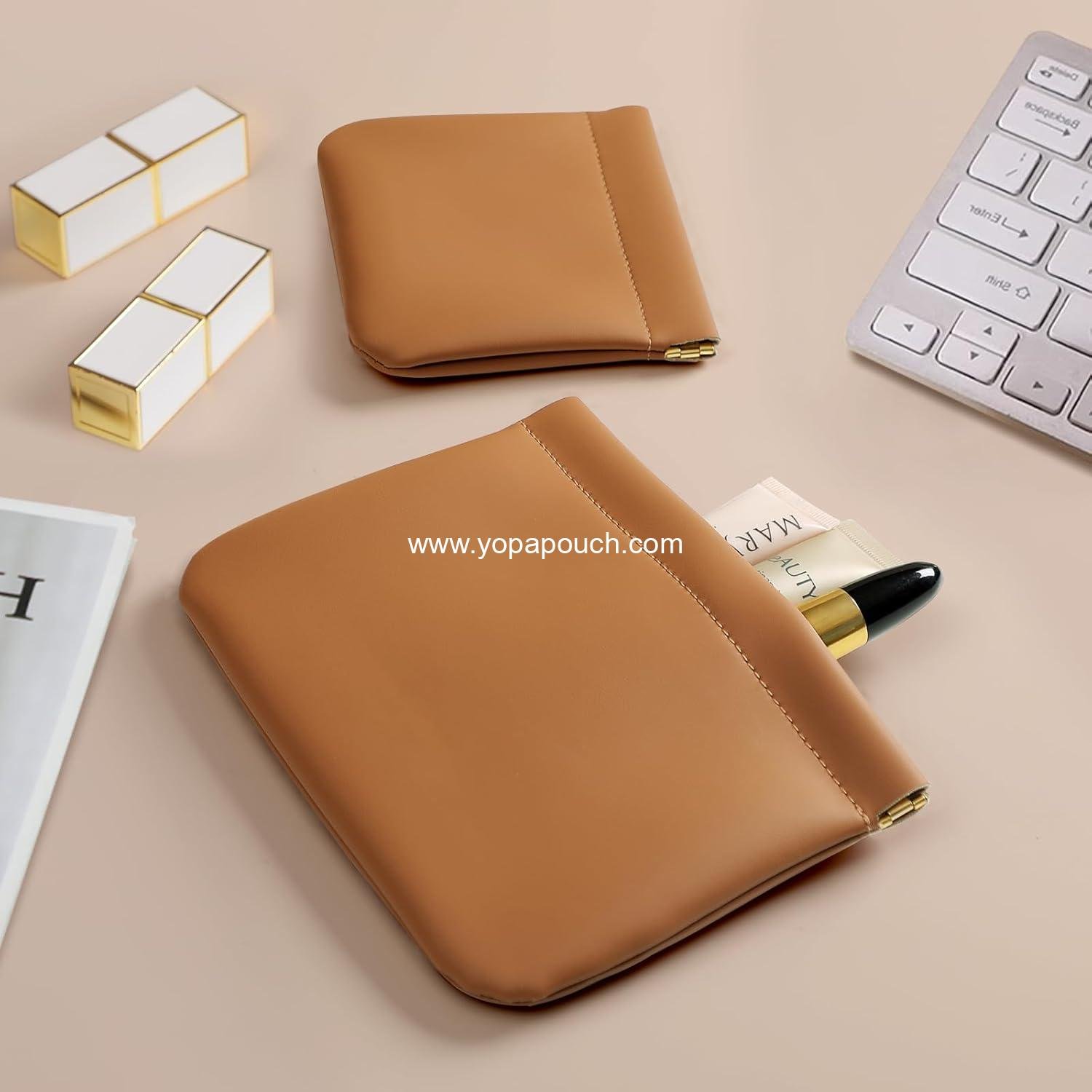 Wholesale OEM 2-Pack Small Makeup Bags for Women, Organosilicon Super Fiber Leather Mini Cosmetic Bags for Travel, Coin Purse Organizer Storage Pouch (Brown) - Manufacturer