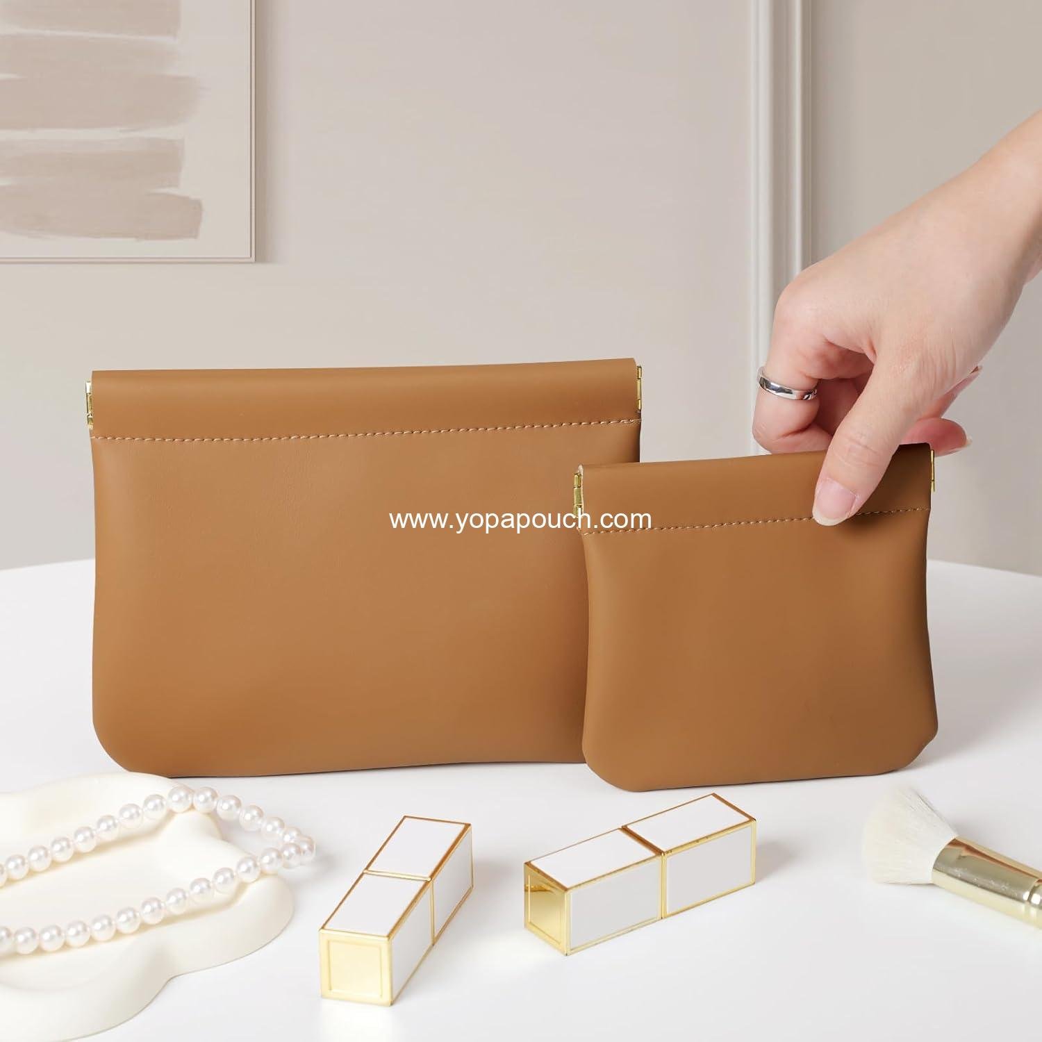 Wholesale OEM 2-Pack Small Makeup Bags for Women, Organosilicon Super Fiber Leather Mini Cosmetic Bags for Travel, Coin Purse Organizer Storage Pouch (Brown) - Manufacturer