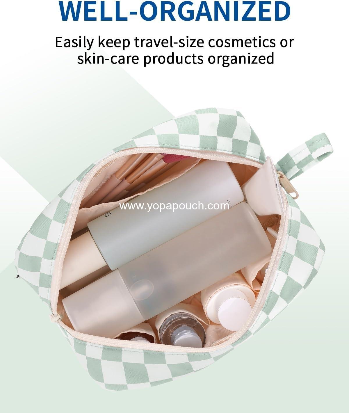 OEM Checkered Makeup Bag Travel Cosmetic Organizer Small Toiletry Bag with Compartments for Women and Girls Gift for Teen Girls Large Mint Green Checkerboard Supplier