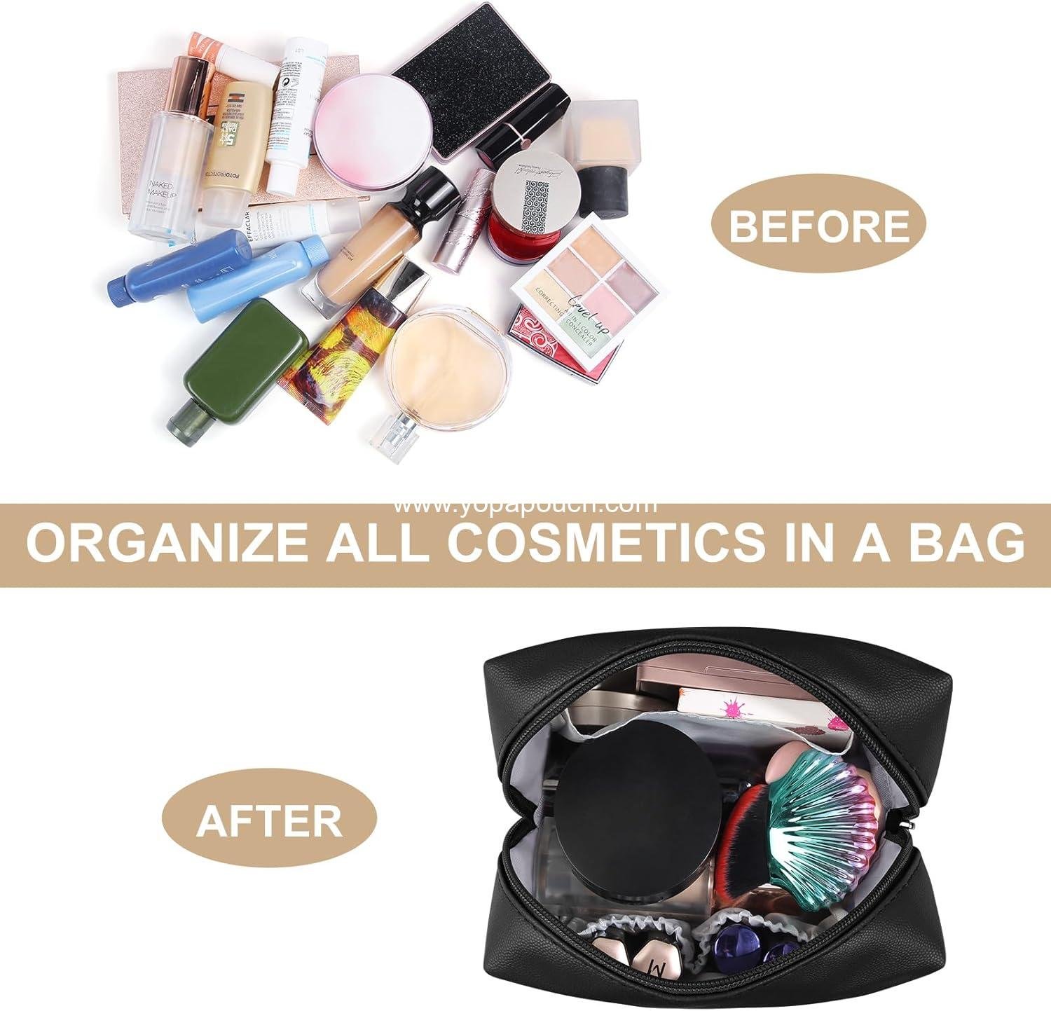 Wholesale Portable Small Makeup Bag for Purse, Travel Cosmetic Pouch PU Leather Zipper Pouch for Women (Black) - Supplier