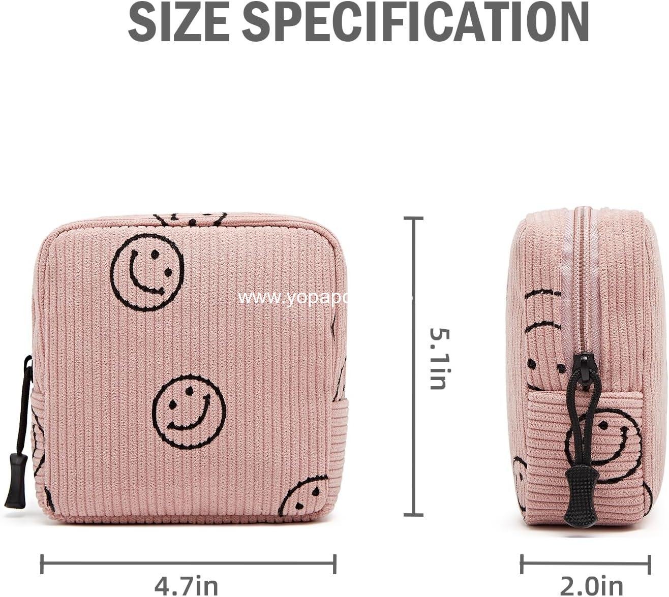 Wholesale Mini Makeup Bag for Purse Cute Zipper Corduroy Cosmetic Pouch Travel Toiletry Organizer for Women Girls (Smiley Face, Pink) - Manufacturer