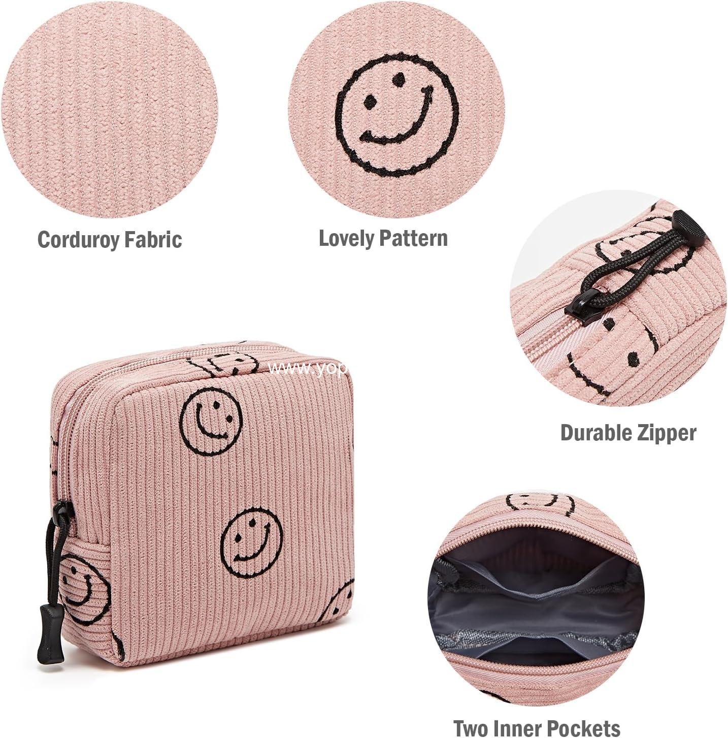Wholesale Mini Makeup Bag for Purse Cute Zipper Corduroy Cosmetic Pouch Travel Toiletry Organizer for Women Girls (Smiley Face, Pink) - Manufacturer