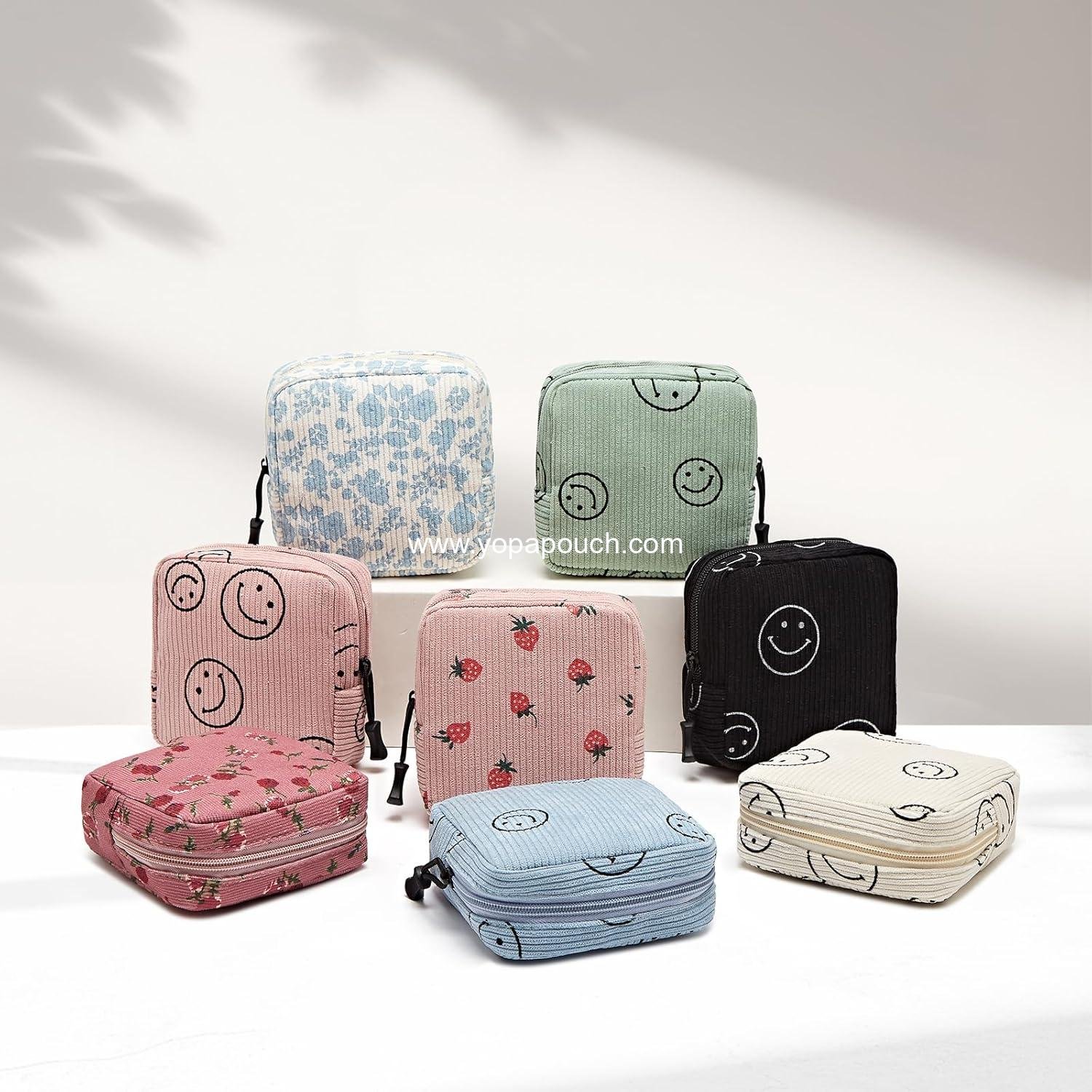 Wholesale Mini Makeup Bag for Purse Cute Zipper Corduroy Cosmetic Pouch Travel Toiletry Organizer for Women Girls (Smiley Face, Pink) - Manufacturer