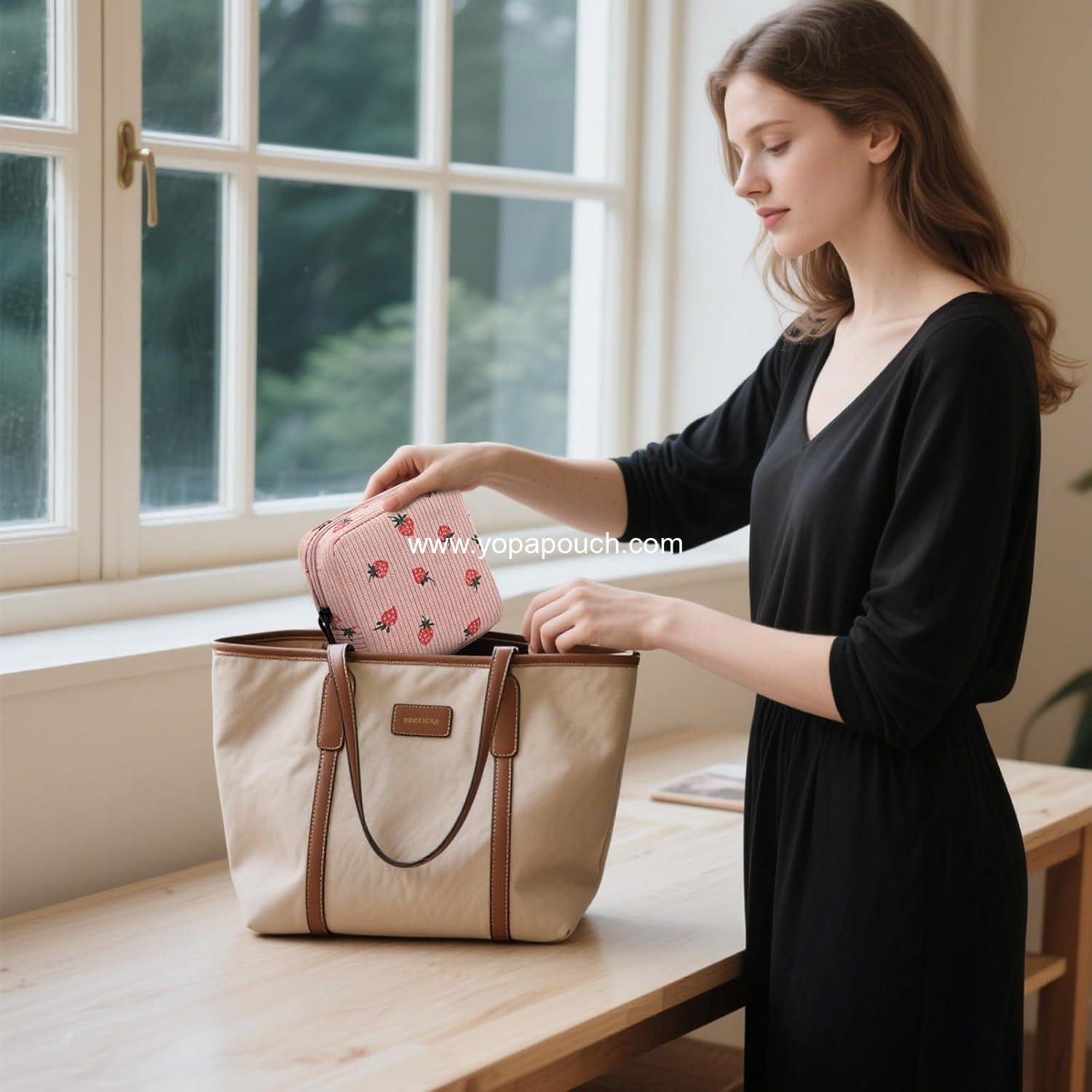 Wholesale Mini Makeup Bag for Purse Cute Zipper Corduroy Cosmetic Pouch Travel Toiletry Organizer for Women Girls (Smiley Face, Pink) - Manufacturer