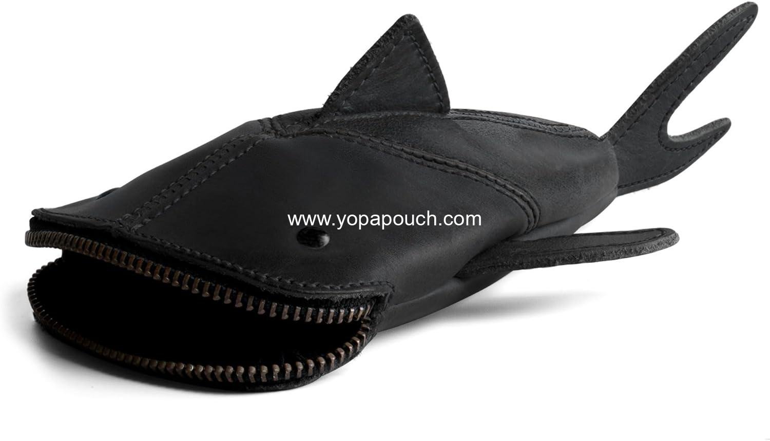 OEM Zip Coin Pouch Shark Shaped Case Stuffed Animal Bank Change Bag Pencil Purse Cable Holder Full Grain Leather Handmade Wallet Charcoal Black Supplier