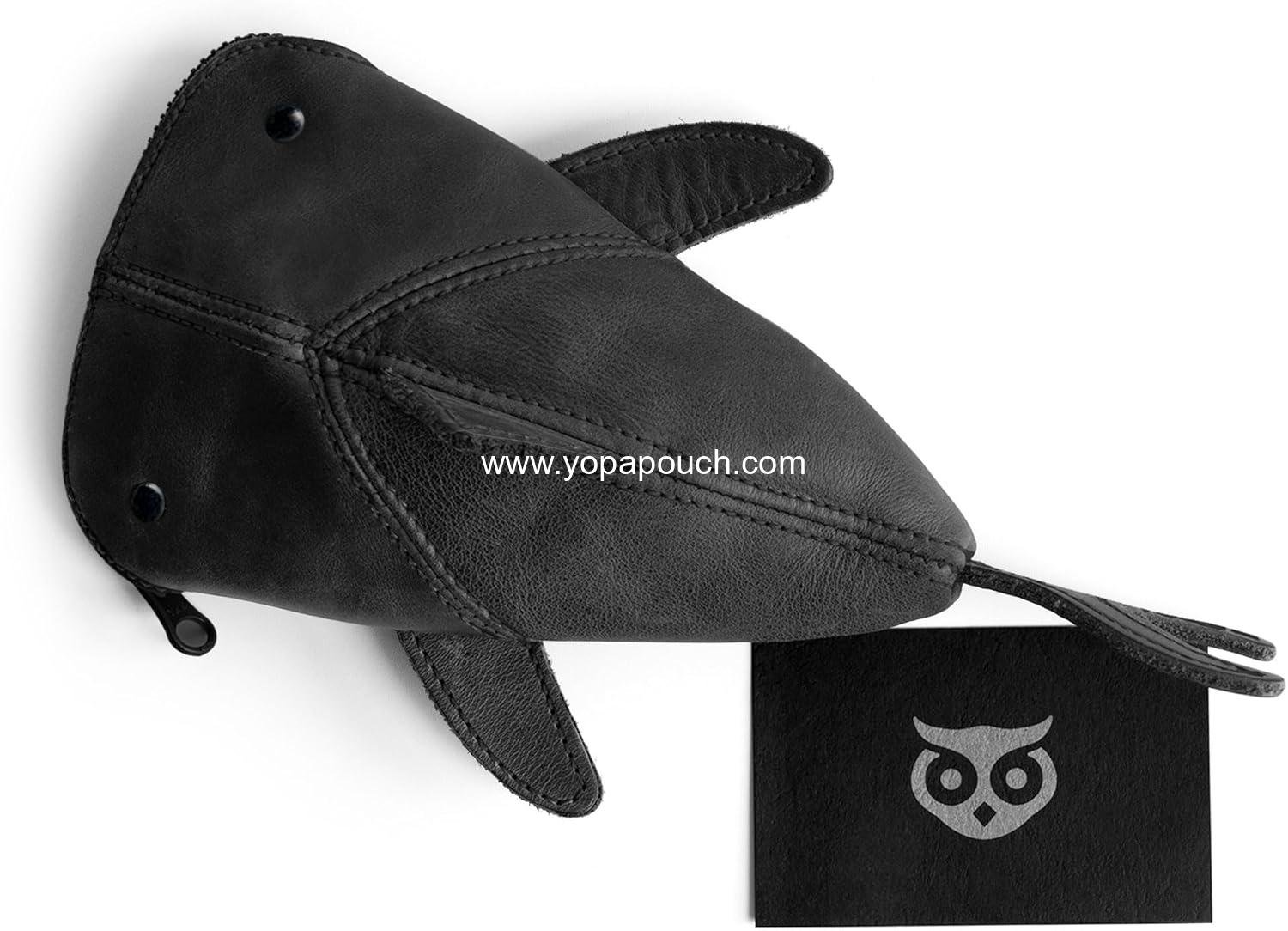 OEM Zip Coin Pouch Shark Shaped Case Stuffed Animal Bank Change Bag Pencil Purse Cable Holder Full Grain Leather Handmade Wallet Charcoal Black Supplier