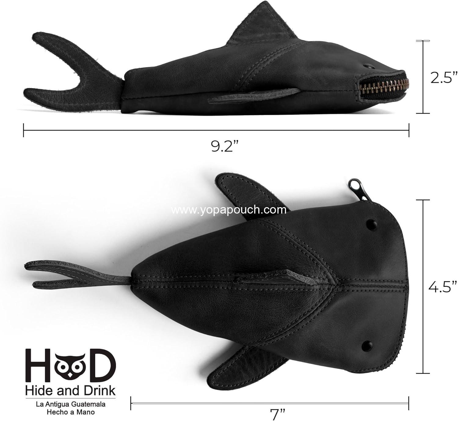 OEM Zip Coin Pouch Shark Shaped Case Stuffed Animal Bank Change Bag Pencil Purse Cable Holder Full Grain Leather Handmade Wallet Charcoal Black Supplier