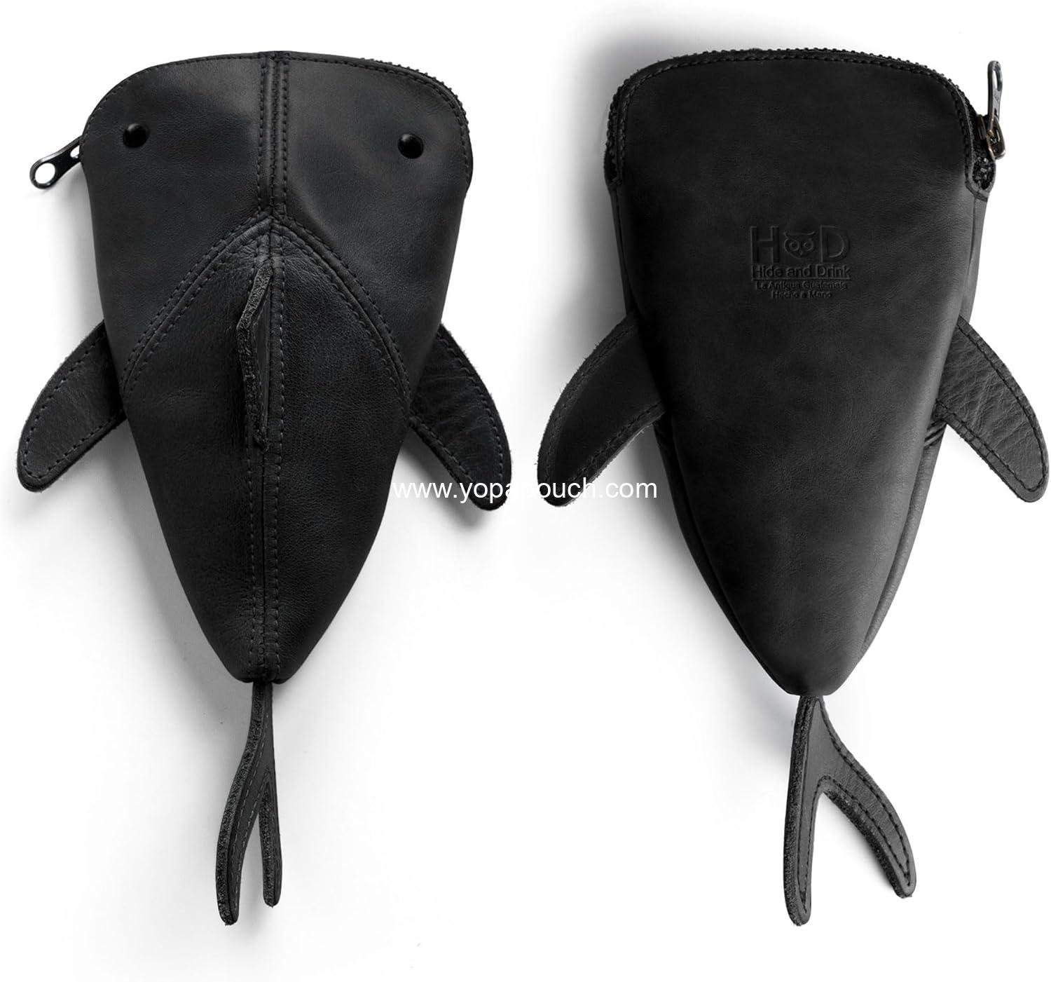 OEM Zip Coin Pouch Shark Shaped Case Stuffed Animal Bank Change Bag Pencil Purse Cable Holder Full Grain Leather Handmade Wallet Charcoal Black Supplier