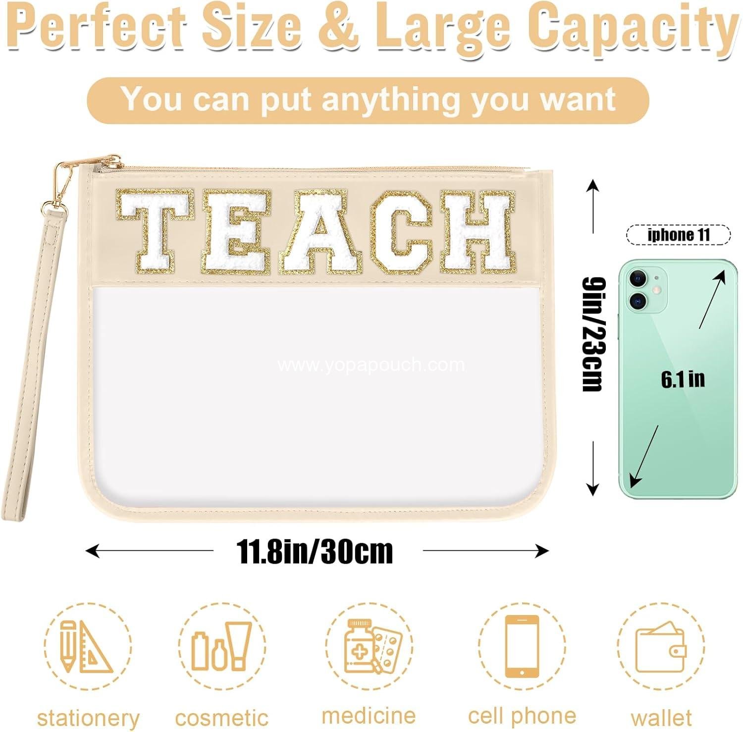Wholesale Clear Makeup Bag Pouch with TEACH Chenille Letter, Monogram PVC Zipper Cosmetic Bag with Wristlet for Teacher Appreciation, Graduation, Retirement Gifts for Women (Beige) - Supplier