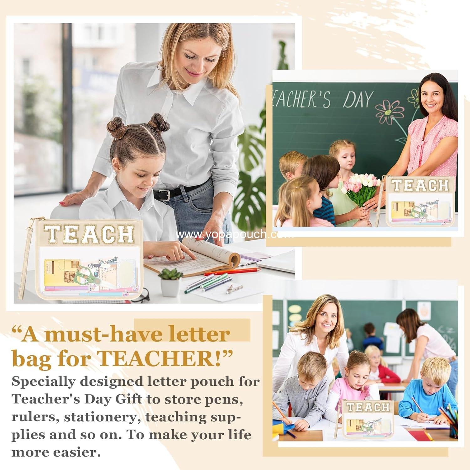 Wholesale Clear Makeup Bag Pouch with TEACH Chenille Letter, Monogram PVC Zipper Cosmetic Bag with Wristlet for Teacher Appreciation, Graduation, Retirement Gifts for Women (Beige) - Supplier