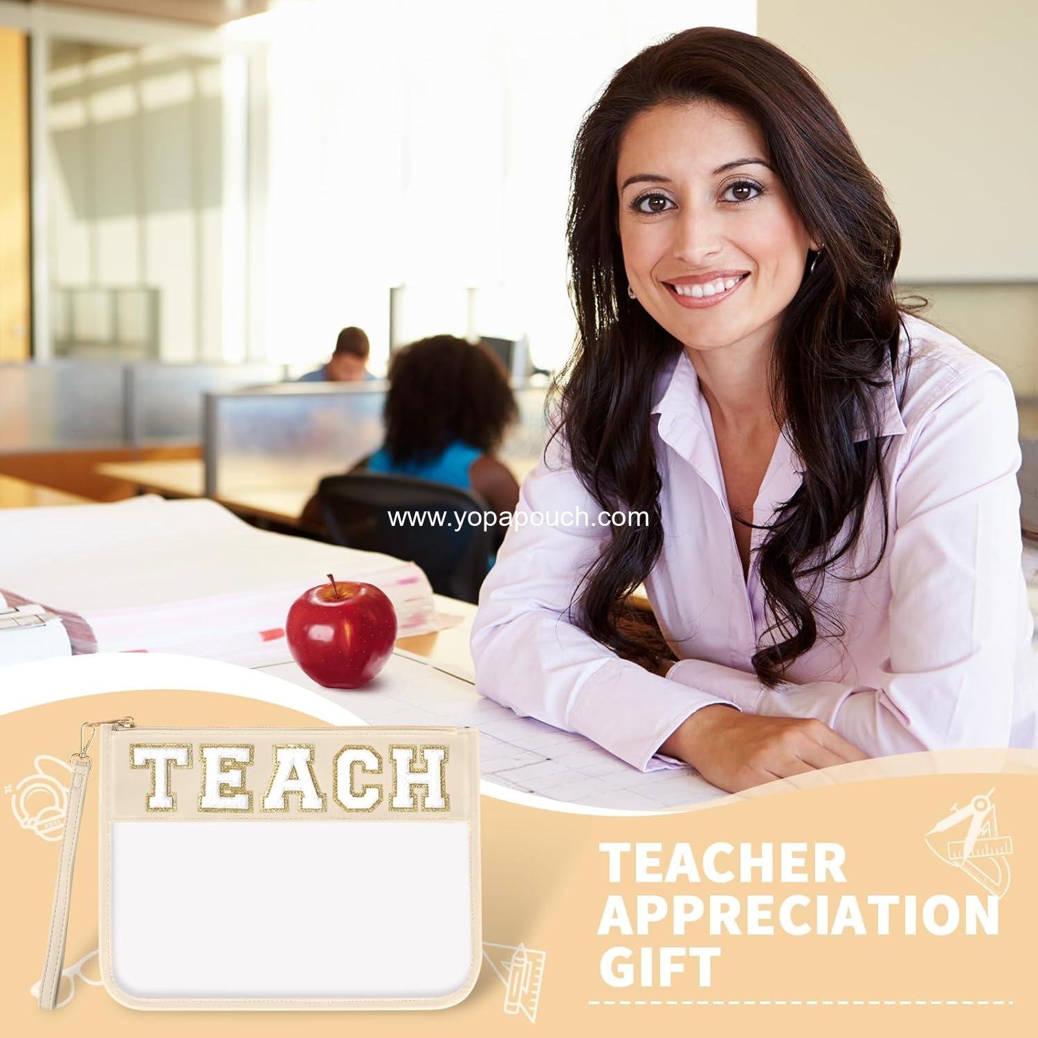 Wholesale Clear Makeup Bag Pouch with TEACH Chenille Letter, Monogram PVC Zipper Cosmetic Bag with Wristlet for Teacher Appreciation, Graduation, Retirement Gifts for Women (Beige) - Supplier