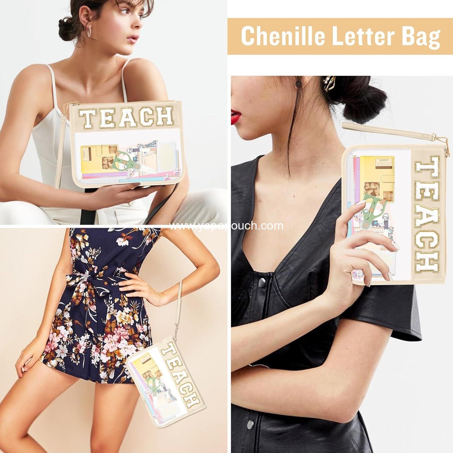 Wholesale Clear Makeup Bag Pouch with TEACH Chenille Letter, Monogram PVC Zipper Cosmetic Bag with Wristlet for Teacher Appreciation, Graduation, Retirement Gifts for Women (Beige) - Supplier