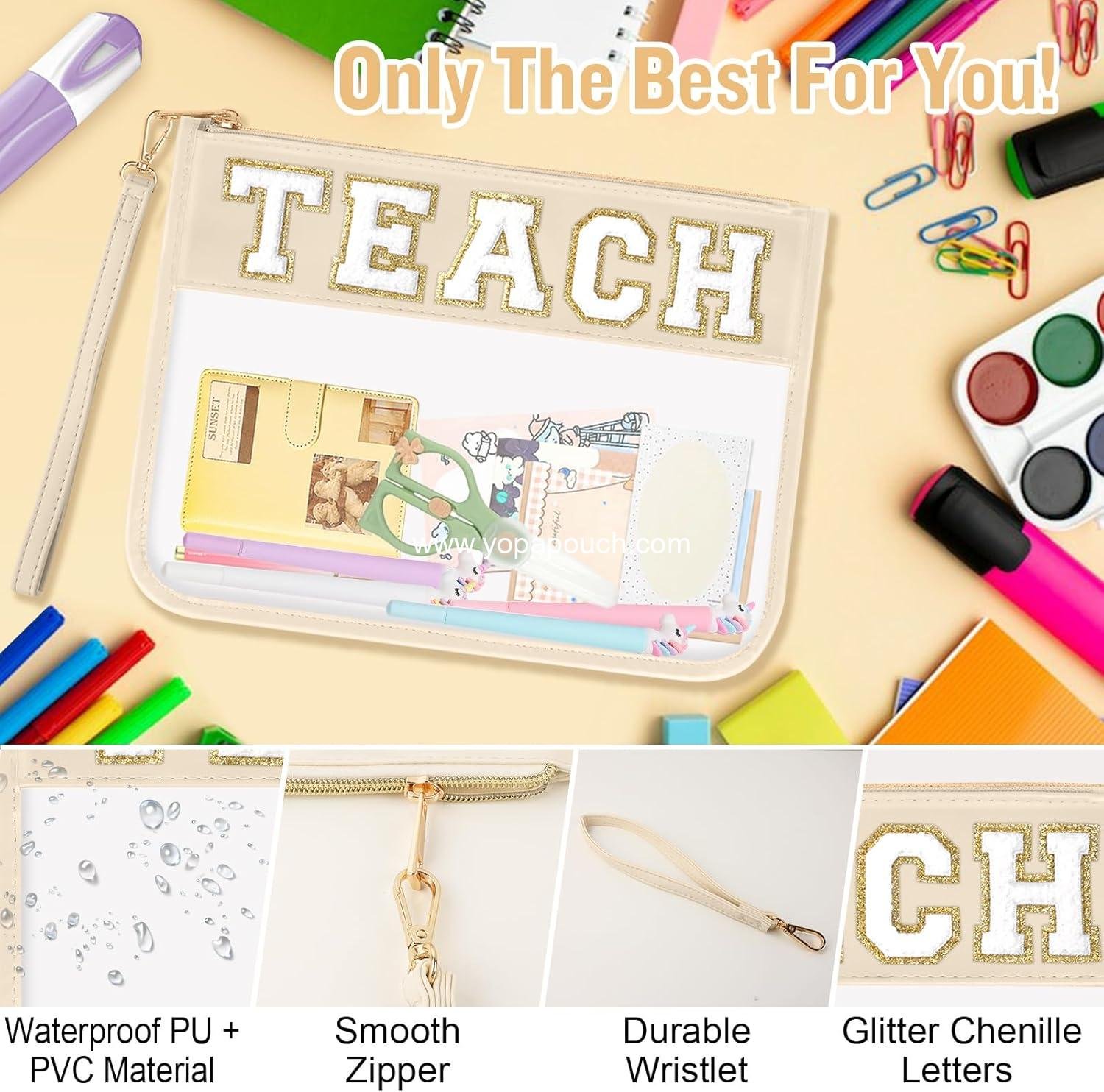 Wholesale Clear Makeup Bag Pouch with TEACH Chenille Letter, Monogram PVC Zipper Cosmetic Bag with Wristlet for Teacher Appreciation, Graduation, Retirement Gifts for Women (Beige) - Supplier