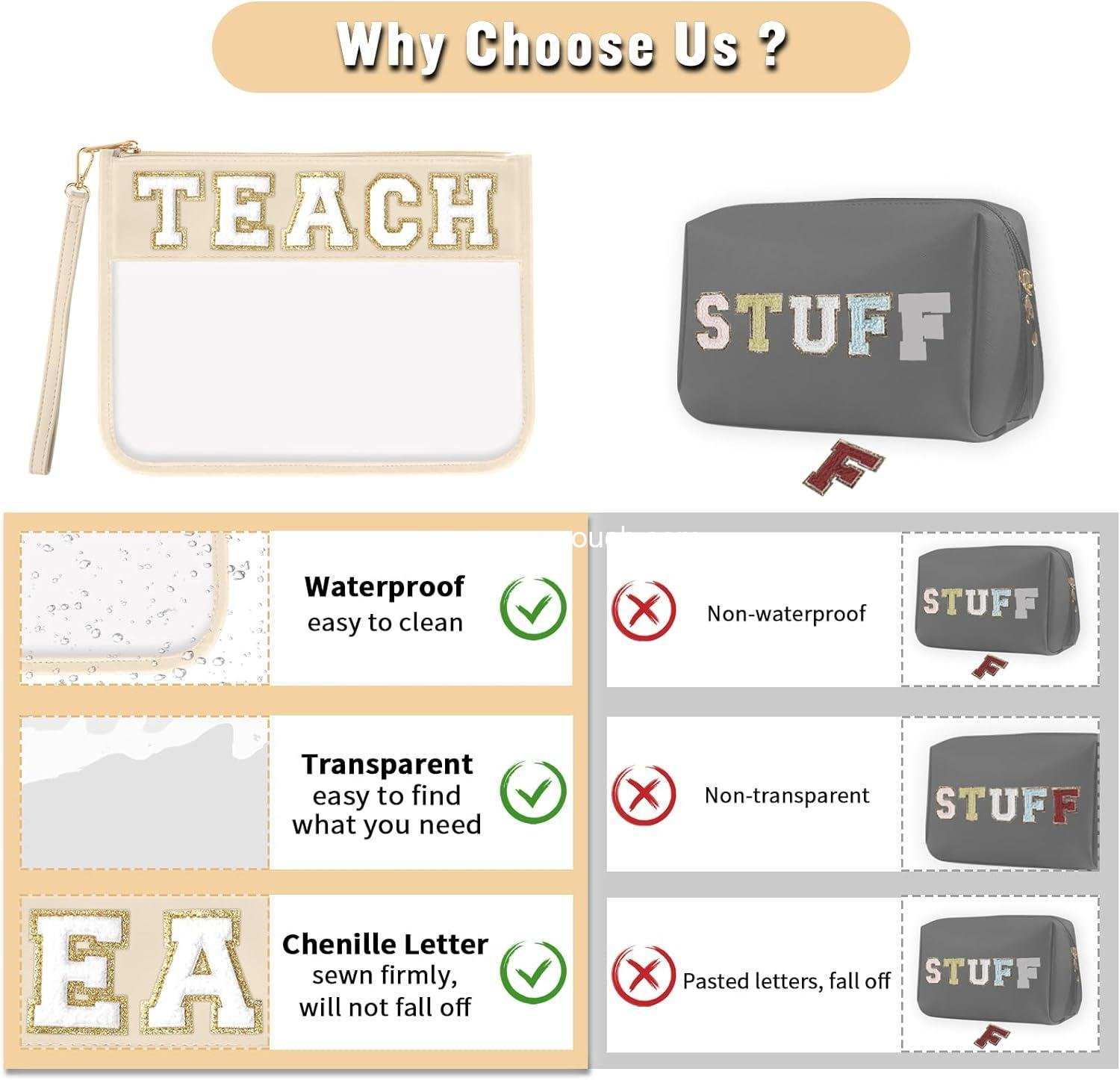 Wholesale Clear Makeup Bag Pouch with TEACH Chenille Letter, Monogram PVC Zipper Cosmetic Bag with Wristlet for Teacher Appreciation, Graduation, Retirement Gifts for Women (Beige) - Supplier