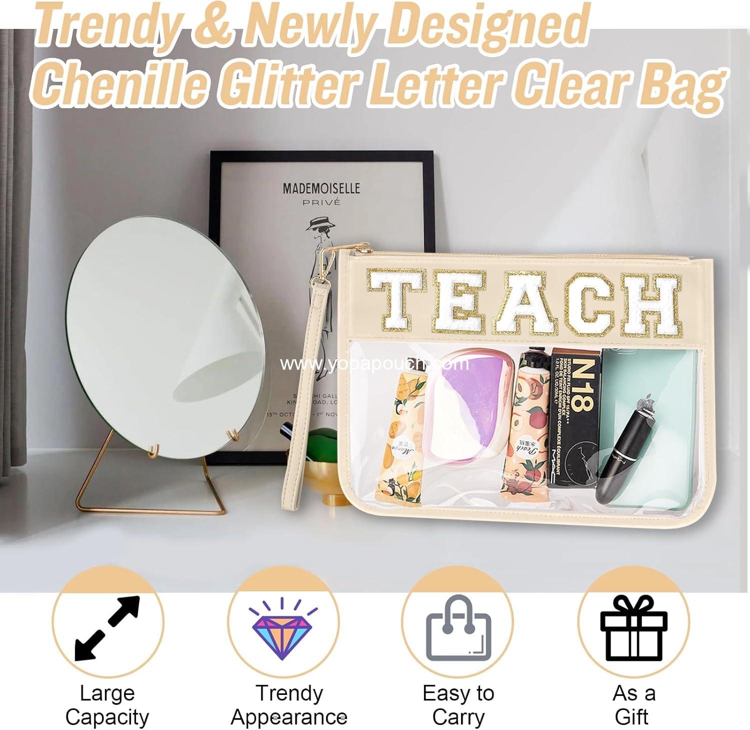 Wholesale Clear Makeup Bag Pouch with TEACH Chenille Letter, Monogram PVC Zipper Cosmetic Bag with Wristlet for Teacher Appreciation, Graduation, Retirement Gifts for Women (Beige) - Supplier