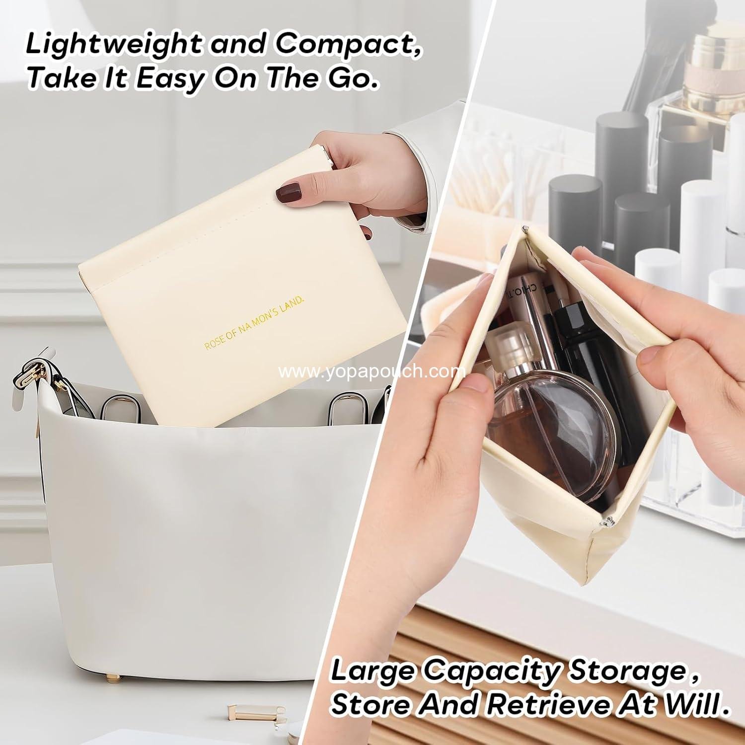 Wholesale PU Leather Makeup Bag Set: Large & Small Portable Cosmetic Pouches, Waterproof Squeeze Top Coin Purse, Travel Organizer for Makeup, Lipstick, Jewelry, Earbuds (White) Supplier