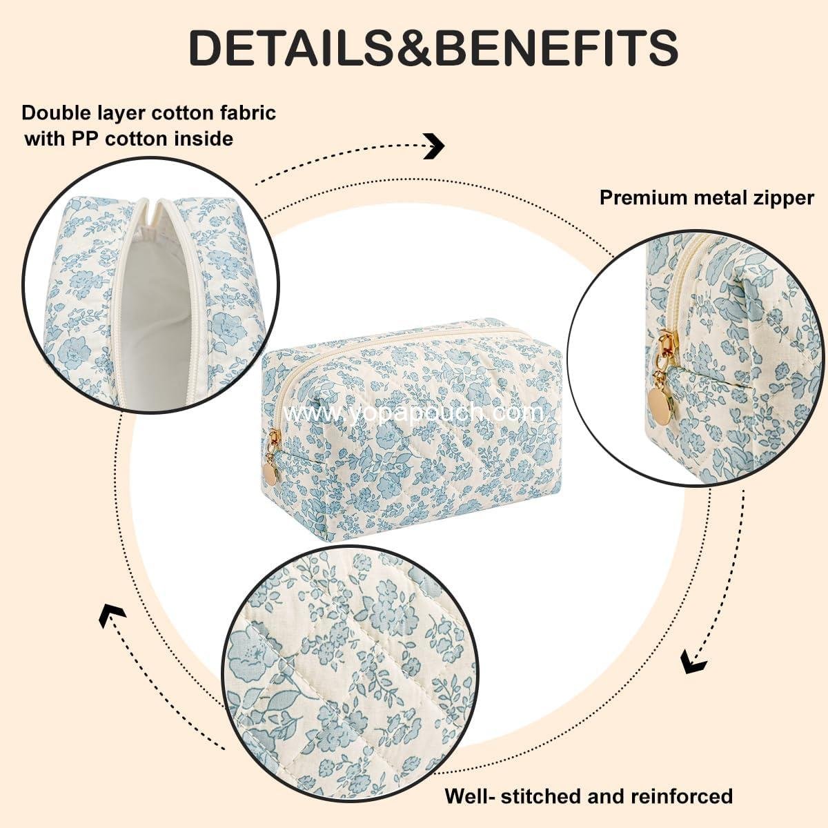 Wholesale Cute Floral Makeup Bag Small Cotton Quilted Cosmetic Travel Accessories Gift for Women Girls (Blue Floral) Manufacturer