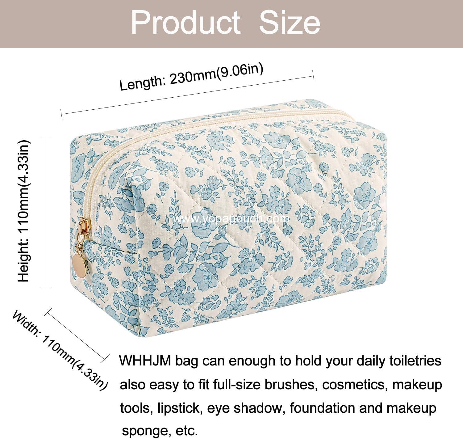 Wholesale Cute Floral Makeup Bag Small Cotton Quilted Cosmetic Travel Accessories Gift for Women Girls (Blue Floral) Manufacturer