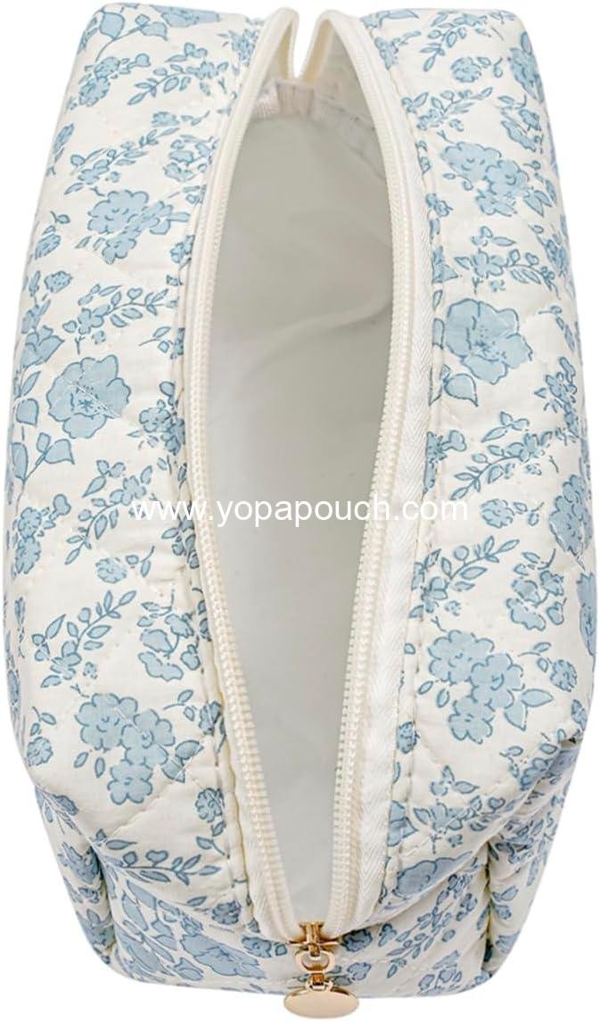 Wholesale Cute Floral Makeup Bag Small Cotton Quilted Cosmetic Travel Accessories Gift for Women Girls (Blue Floral) Manufacturer