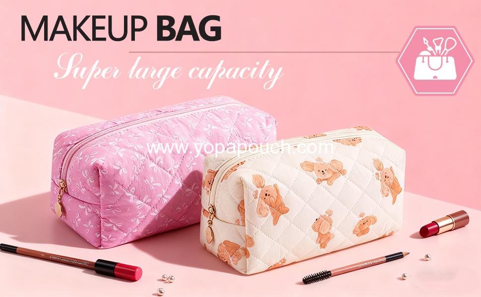 Wholesale Cute Floral Makeup Bag Small Cotton Quilted Cosmetic Travel Accessories Gift for Women Girls (Blue Floral) Manufacturer