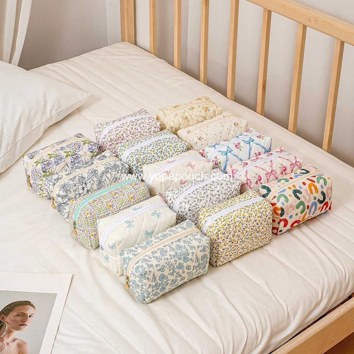 Wholesale Cute Floral Makeup Bag Small Cotton Quilted Cosmetic Travel Accessories Gift for Women Girls (Blue Floral) Manufacturer